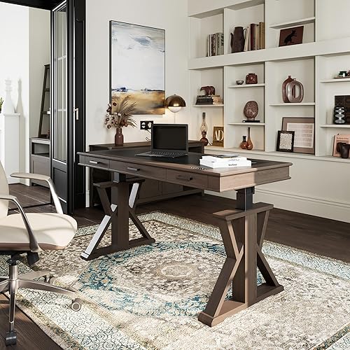 Miniatura 3 de EUREKA ERGONOMIC Escritorio de pie de cuero, escritorio ejecutivo de 1.52 m con cajones, escritorio moderno de pie y sentado con patas en forma de X