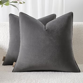 Throw Pillow Covers 18x18 Set of 2 Solid Decorative Pillow Cases for Couch, Sofa, Bed Square Cushion Covers with Piping No Insert Gray