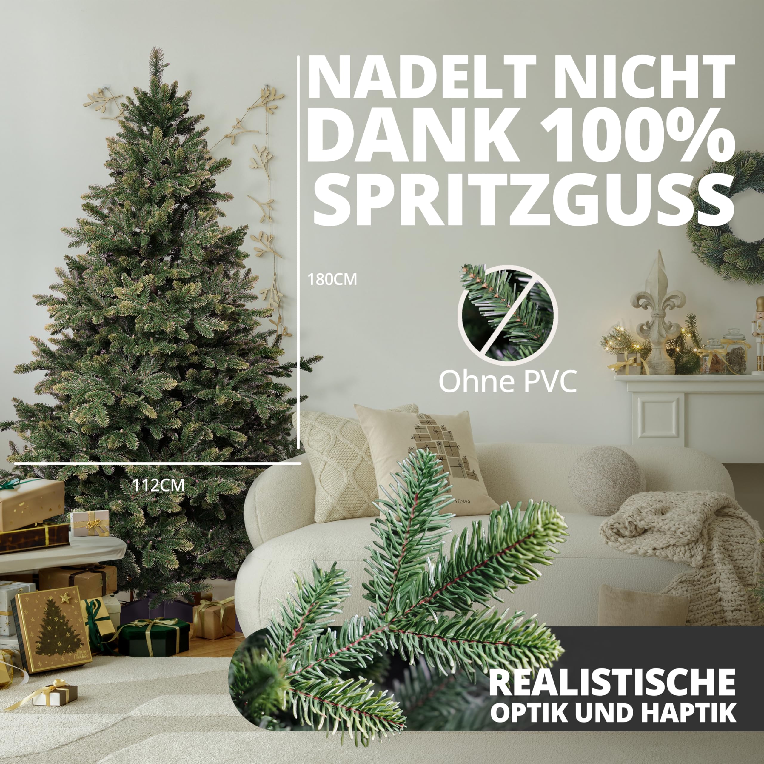 ArtiTree Künstlicher Weihnachtsbaum 180 cm – 100 % Spritzguss Nordmanntanne | Premium Tannenbaum naturgetreu inkl. FSC-Holzständer & Aufbewahrungstasche