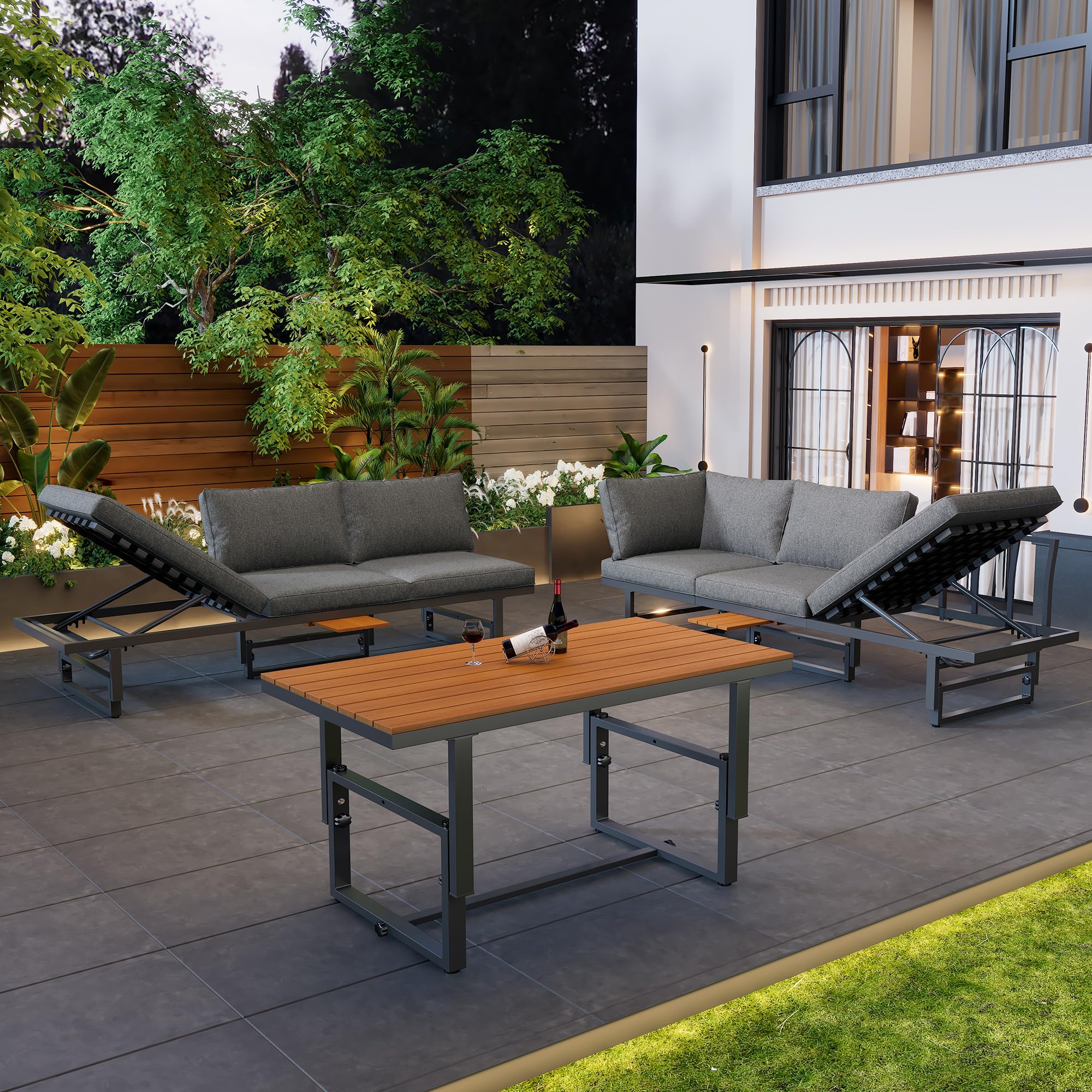Jtyca Gartenmöbel Set, Lounge Möbel Outdoor, 3-Teiliges Set mit 2 Sofas & 1 Tisch, Sofa mit Verstellbarer Rückenlehne, Verstellbarem Tisch, Inklusive Aller Sitzkissen und Kissen, Grau