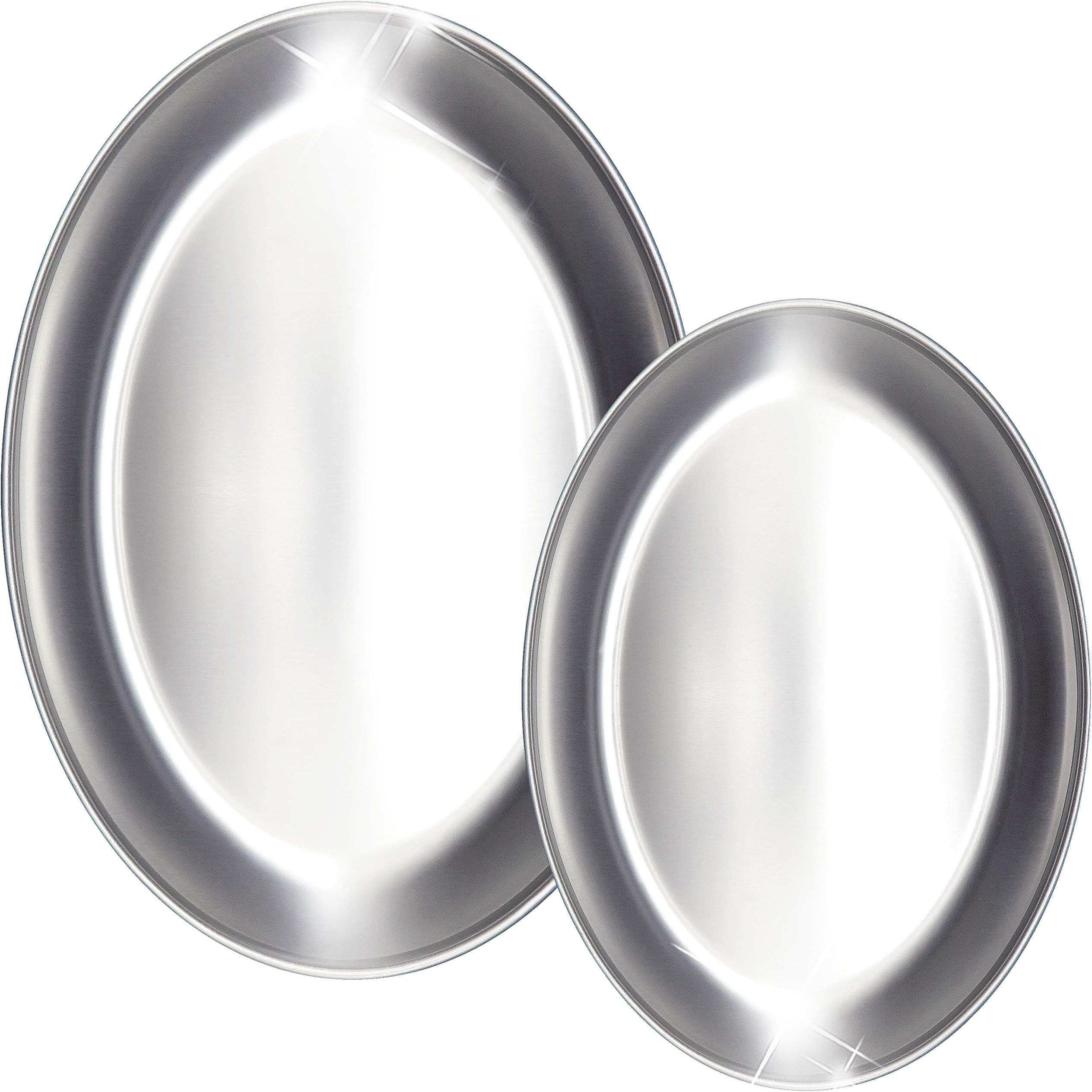 Immokaz Matte Polished Heavy Duty 304 Stainless Steel 10,12 inch Oval Dinnerware Plates Dish Set, for Dinner Plates, Camping, Outdoor, Picnic, BBQ, BPA Free, Pack of 2 (12.0")