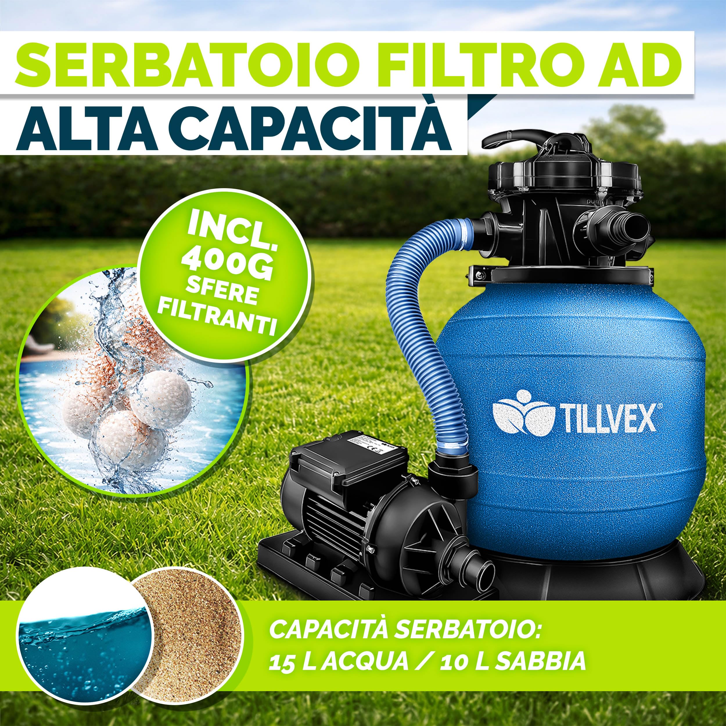 tillvex Depuradora de Agua para Piscina 7.900L/h + 400g Bolas de Filtro | 7 Funciones de Filtrado & Adaptador Ø32-38mm | Filtro de piscina con indicador de presión (Azul)