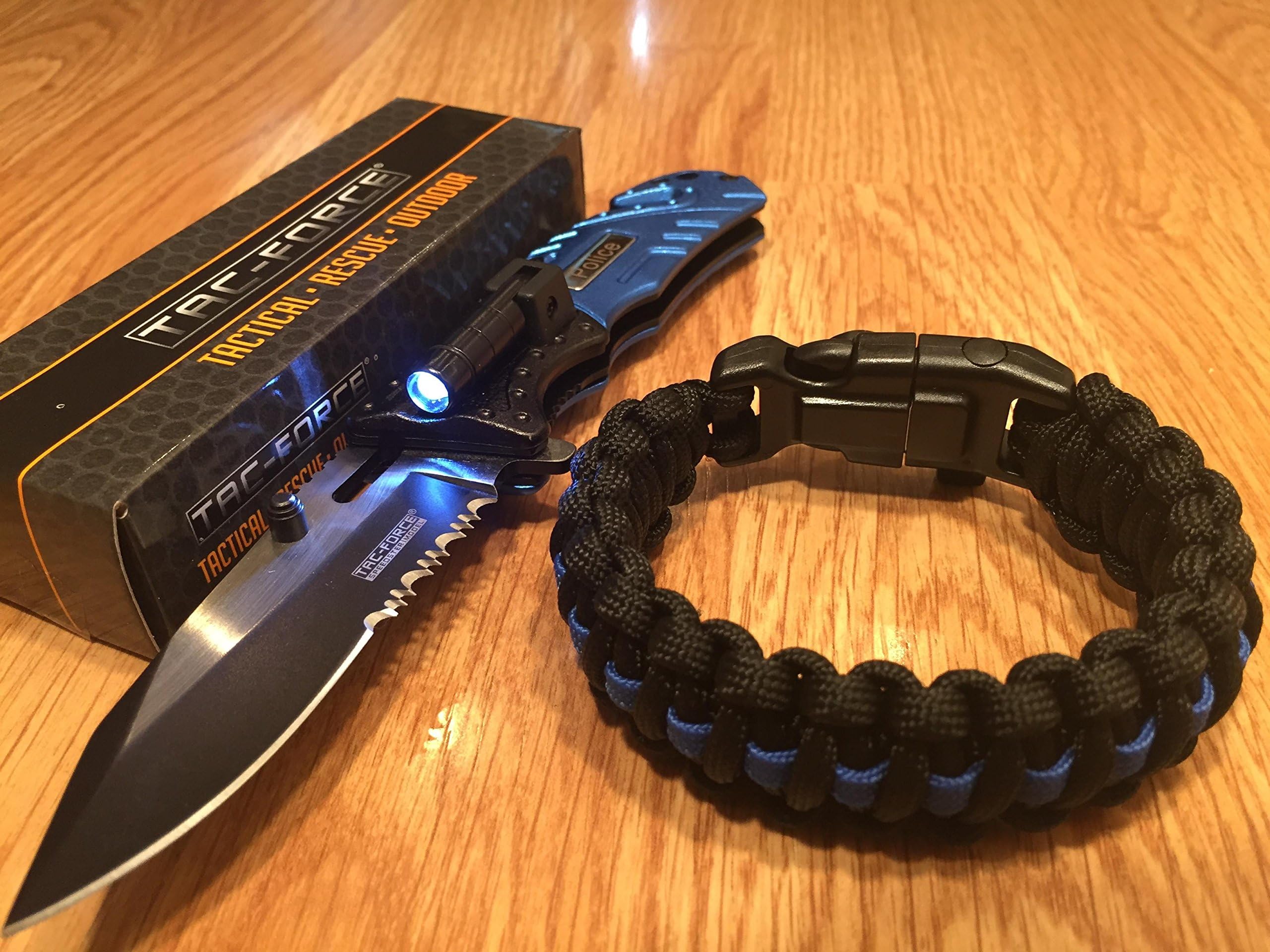 Tac-Force Blue Police Open LED Tactical Rescue automatic pocket knife for men/ Thin Blue Line Paracord Bracelet By Lost Survival Gear