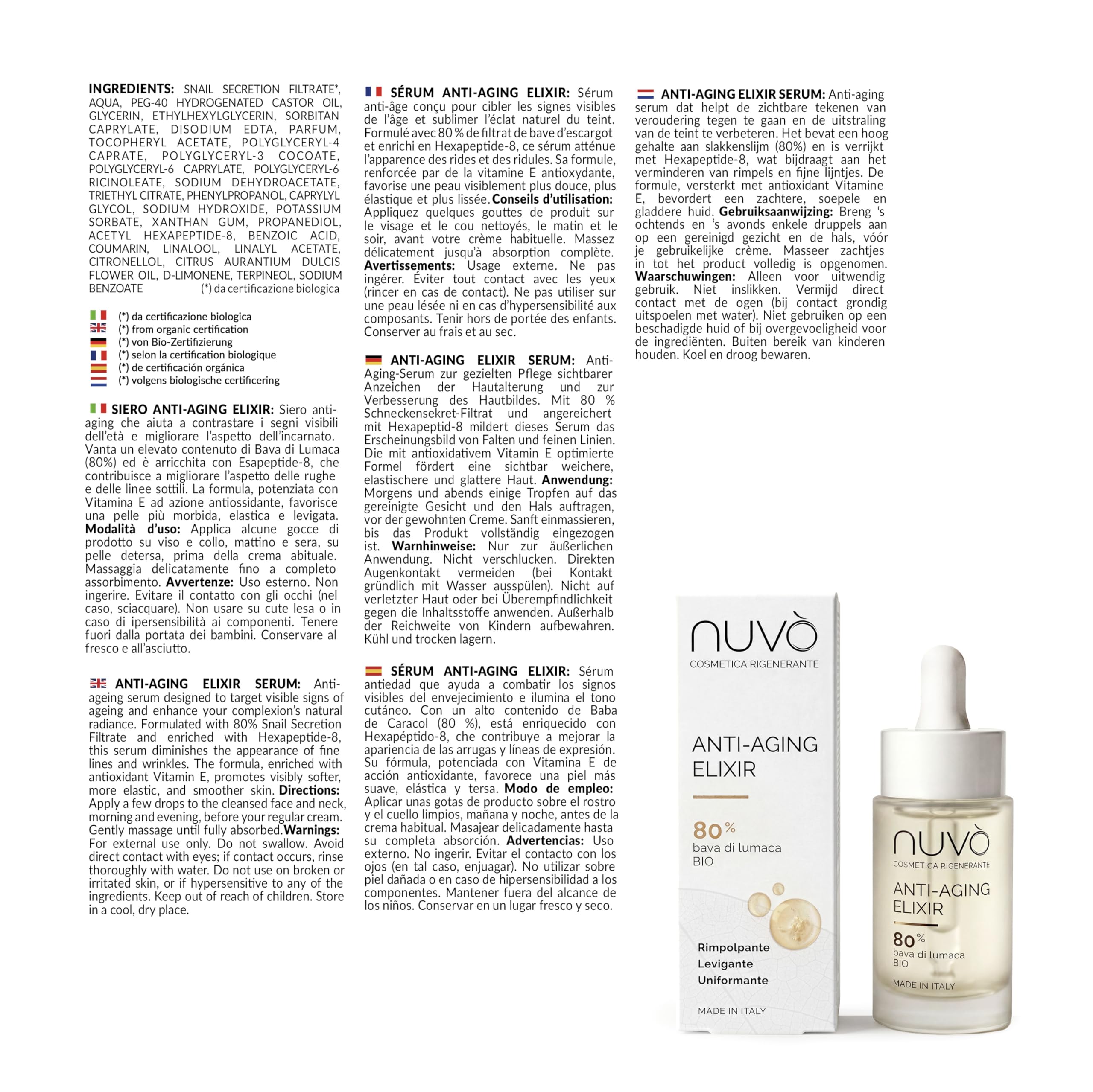Nuvò – Siero Viso Anti Aging, 30 ml, Contrasta le Rughe, Leviga e Nutre la Pelle, con 80% Bava di Lumaca Bio, Esapeptide-8 e Vitamina E, Adatto per Uomo e Donna, Made in Italy