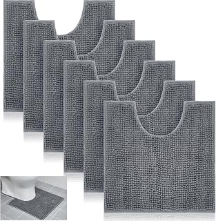 Timgle 6-Pack U-Shaped Chenille Toilet Bath Rugs 20x20" Fluffy Non-Slip Absorbent Mats 0.8" Thick Gray - Machine Washable