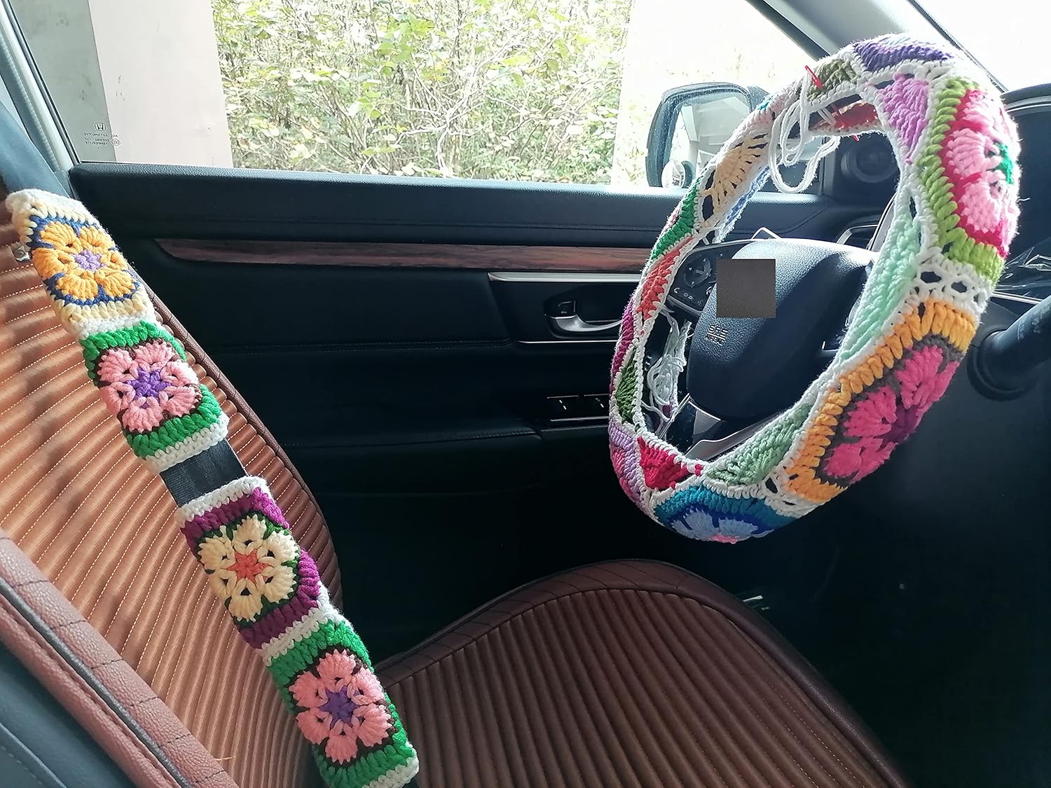 YDMZZB Crochet Steering Wheel Cover,Sunflower Crochet Steering Wheel Cover,Galsang Flower Steering Wheel Cover for Women & Girl (Steering Wheel Cover+2 Seatbelt Covers)