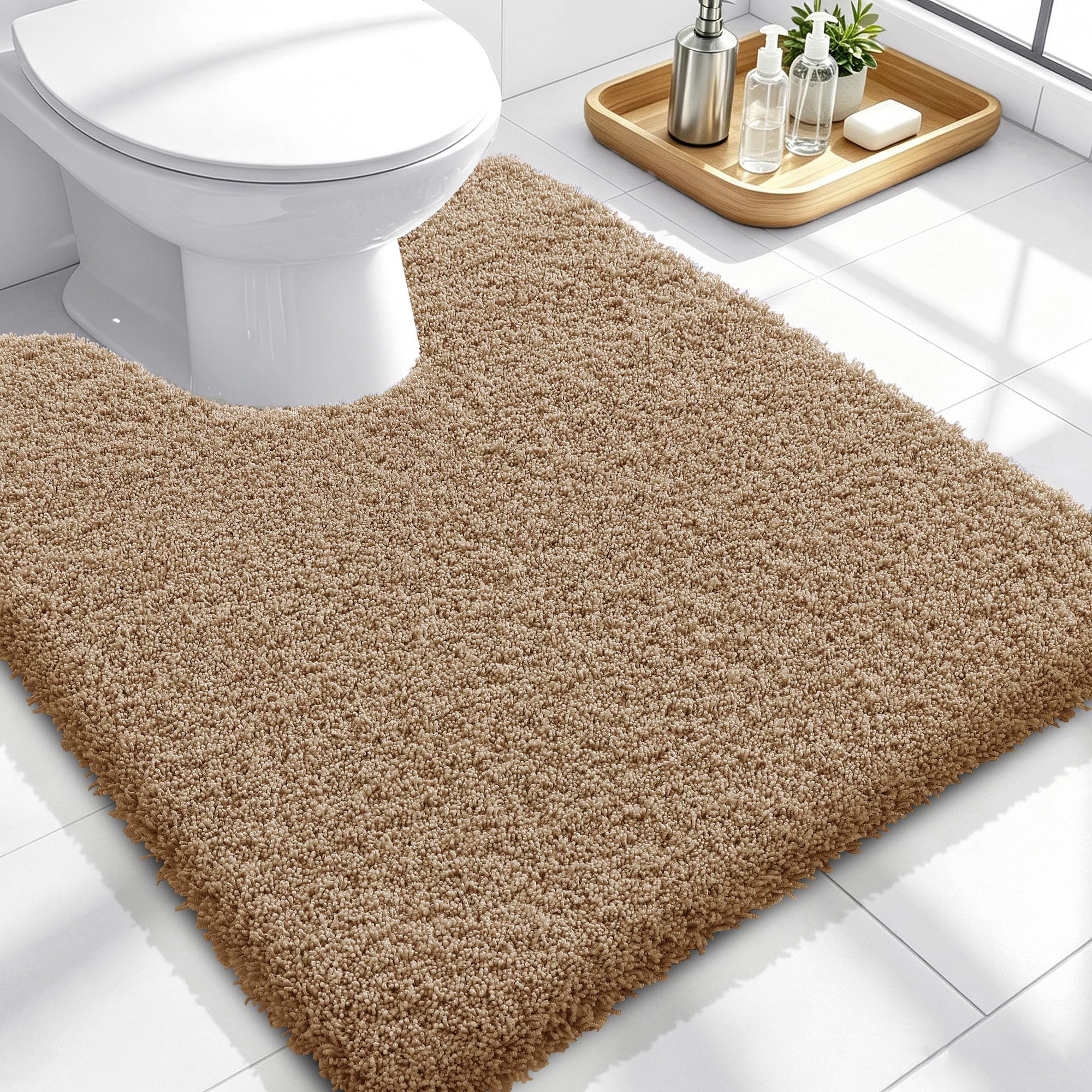 OLANLY Microfiber Soft Bathroom Toilet Rugs U-Shaped, 24x20, Dark Beige