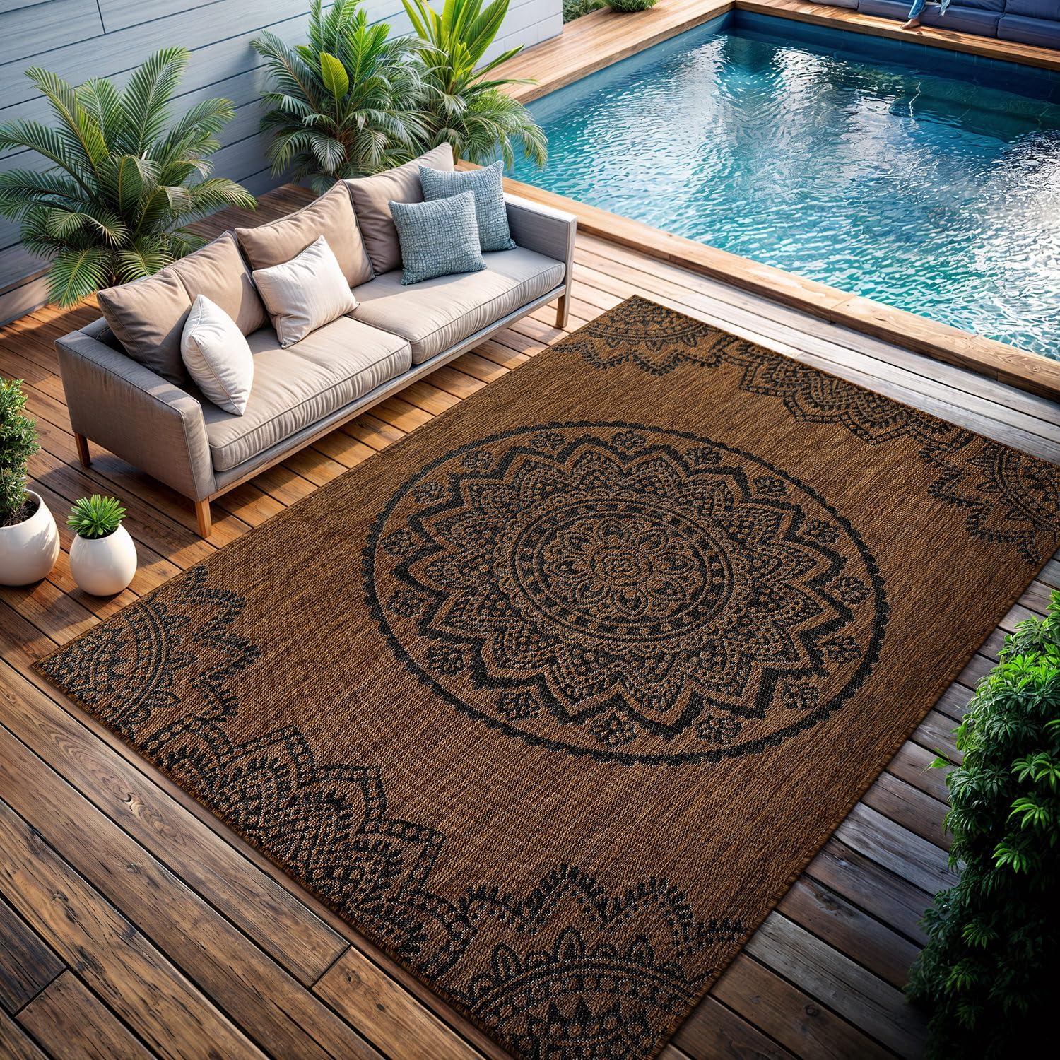 CAMILSON Outdoor Rug 5x7 Modern Area Rugs for Indoor and Outdoor Patios and Porches - Waterproof Washable Non-Shedding Easy-to-Clean Outside Carpet (5 x 7 Medallion - Gold/Black)
