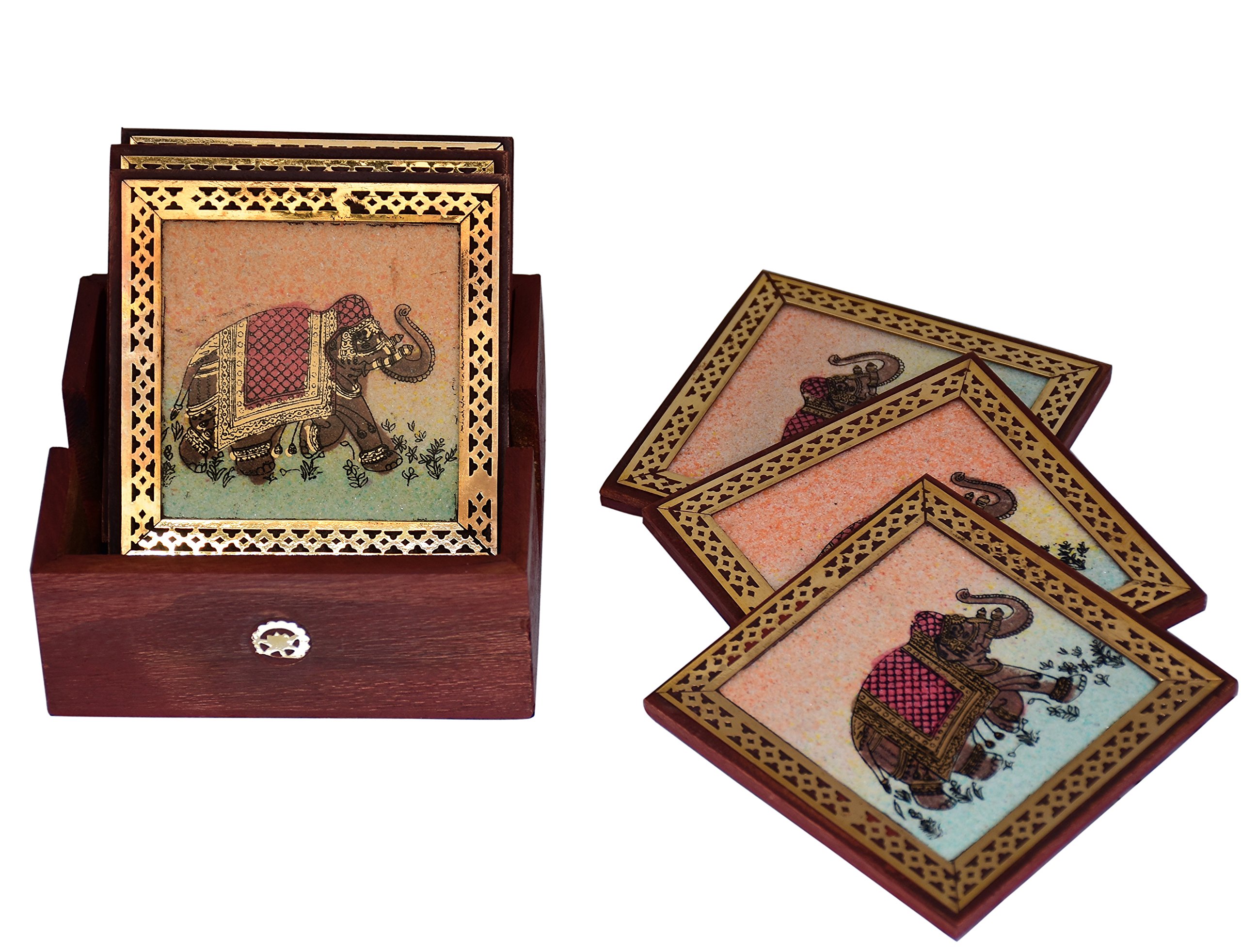 purpledip cuadrado posavasos Set de 6: Real Gemstone diseño de madera de pino de la India Souvenir (10716)