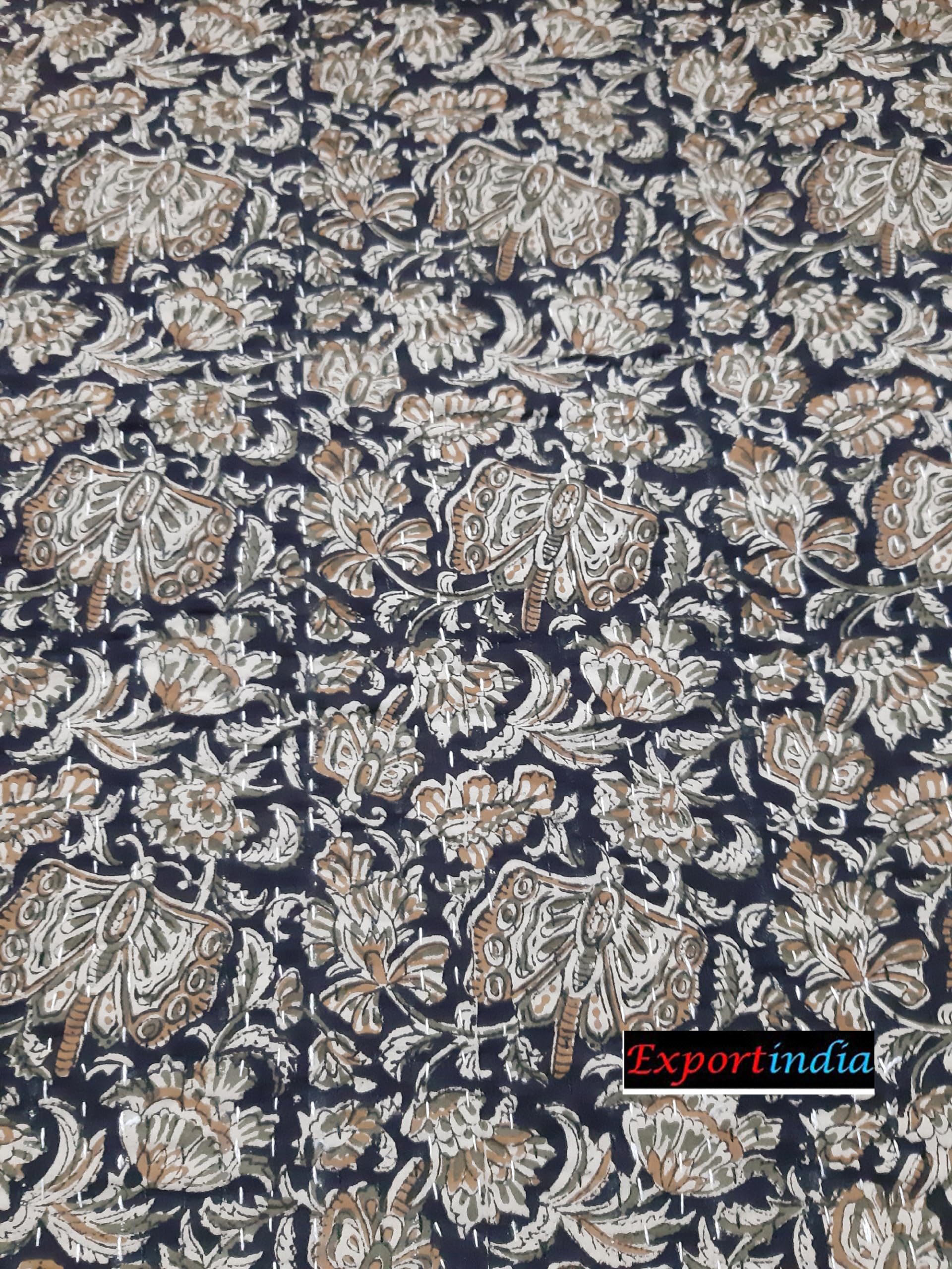 Exportindia Indian Hand Block Bagru Print Butterfly Kantha Quilt - 100% Hand Made Soft Cotton King/Queen Size 90x108 Inch