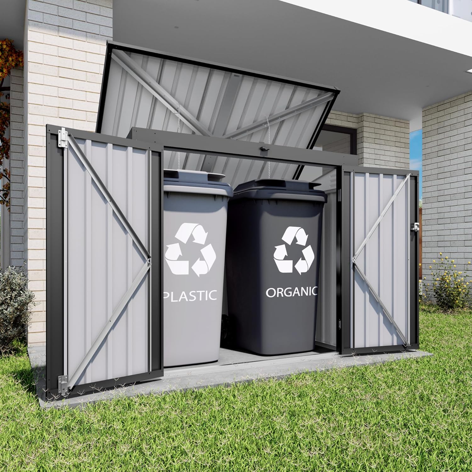 Outdoor Storage Shed 79 CU.FT, Metal Trash Shed Waterproof Outside Storage with Lid Chain & Hydraulic Gas Rod for Trash Can and Garden Tools