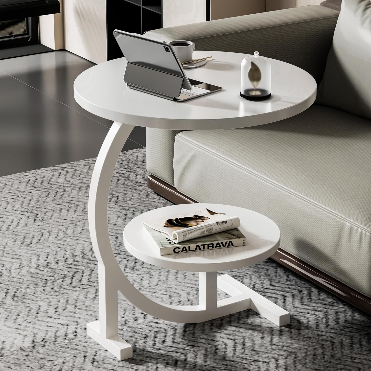 C-Shaped End Table,2 Tiers Round Side Table,Sofa Small Side Table for Living Room, Bedroom,Bedside Small Space,White