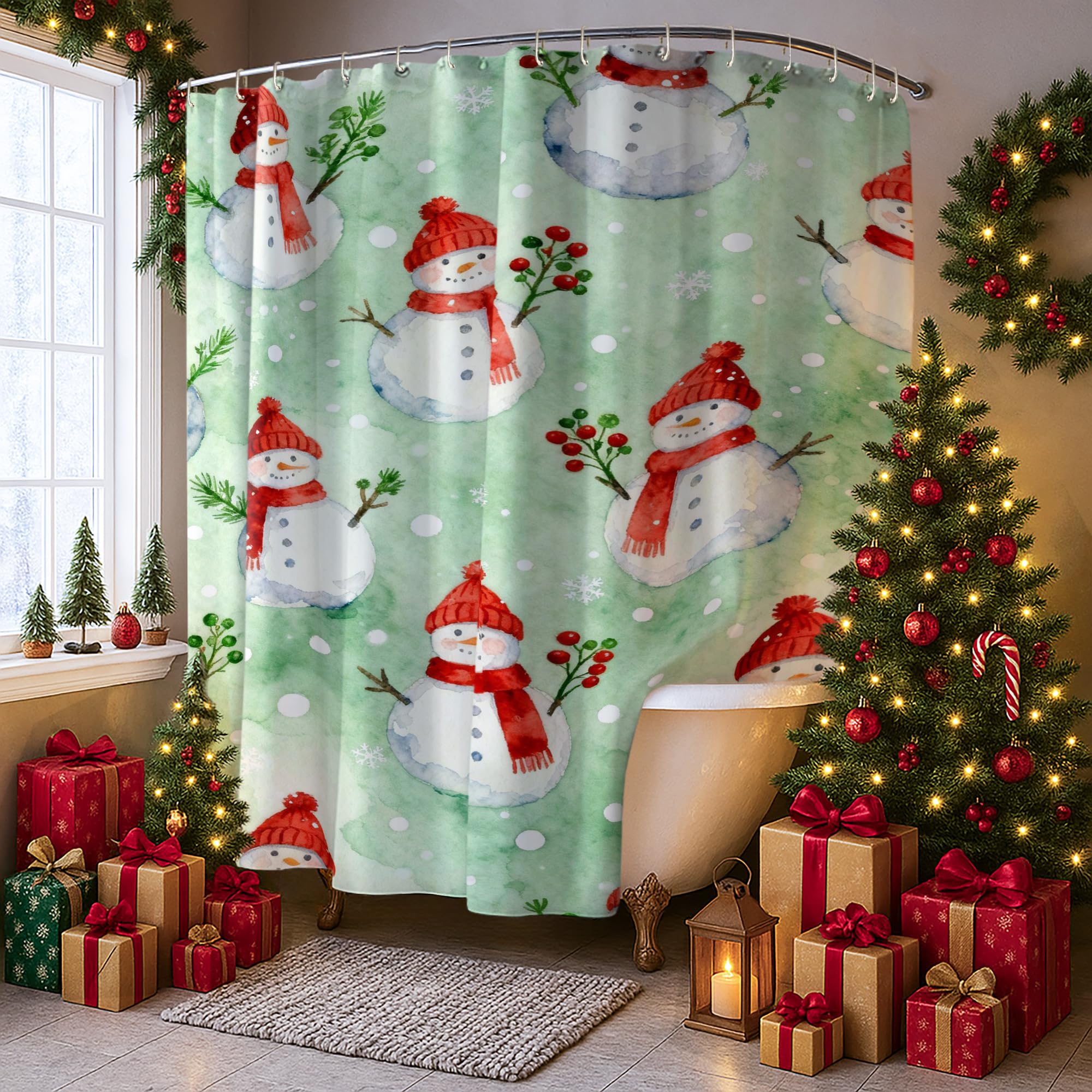 Rideau de douche extra large bonhomme de neige vert lavable 274x183