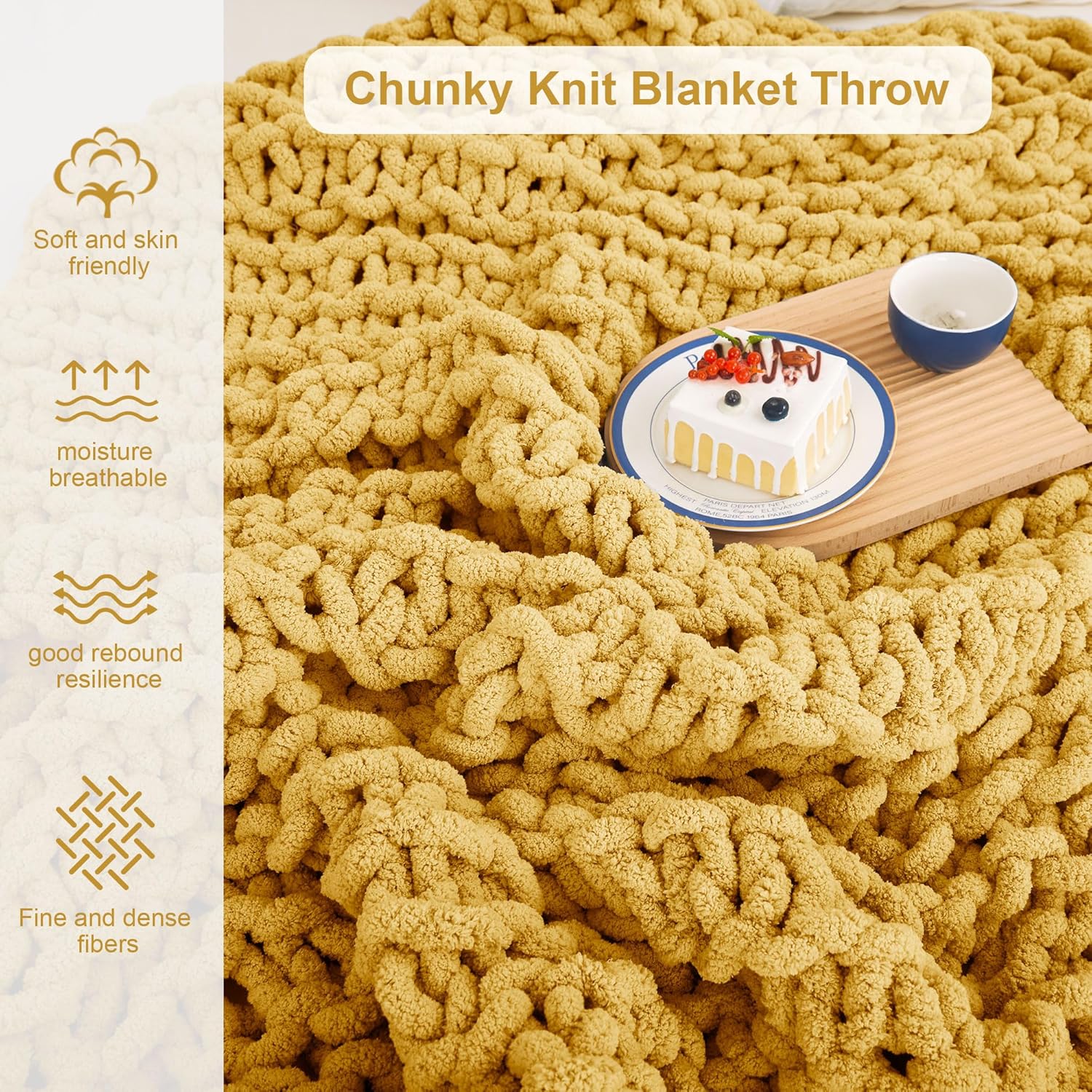 Knit Blanket 50"x60" Yellow Cream Soft Washable Chenille Throw Blanket Cozy 100% Handmade Crochet Blankets with Jumbo Chenille Yarn for Couch Bed Sofa Room Decor - Image 3