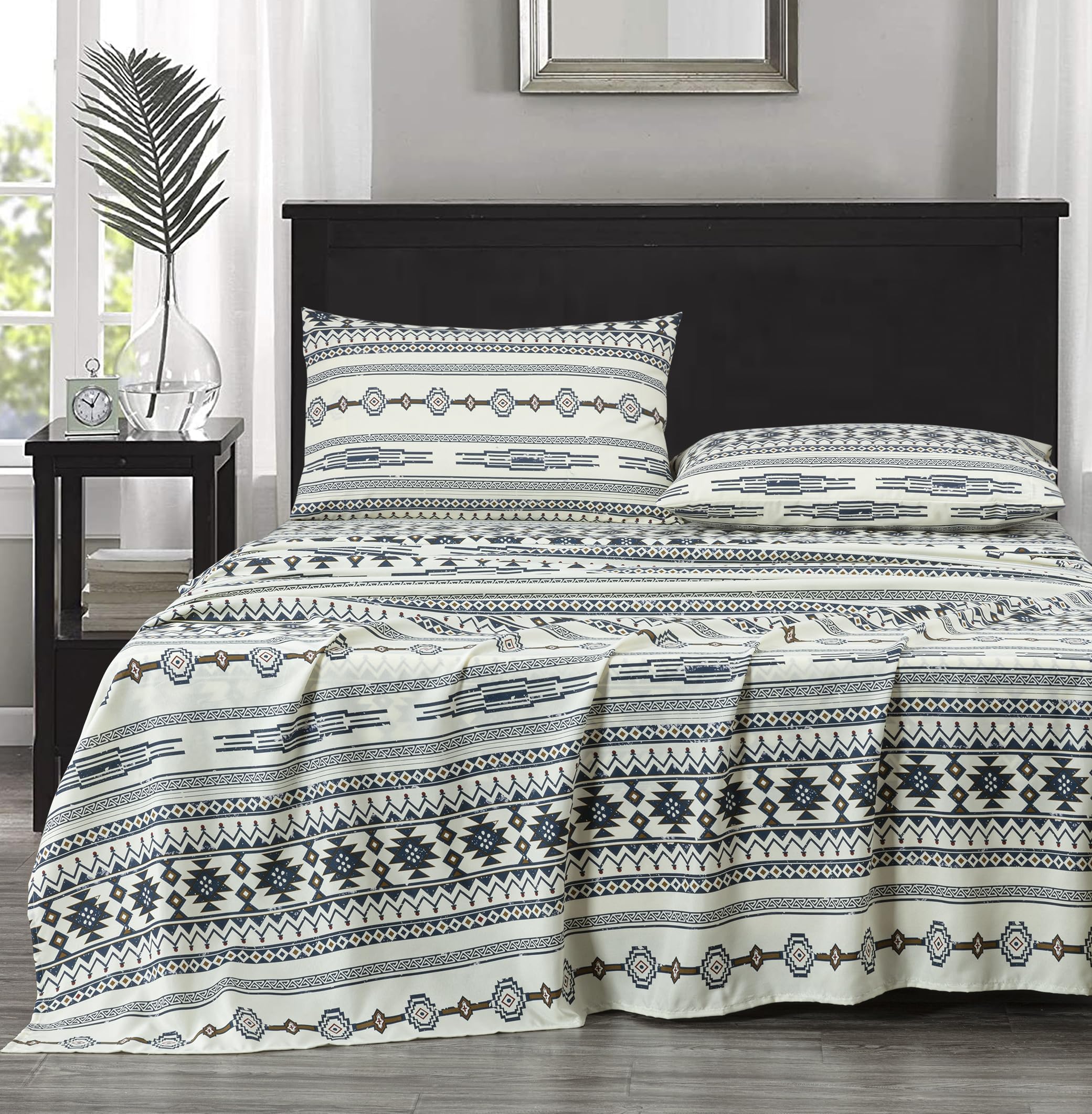 Chezmoi Collection 4-Piece Southwestern Tribal Lodge Bed Sheet Set, Queen Size - Ivory Navy Brown Red Printed Microfiber Soft Breathable Deep Pocket