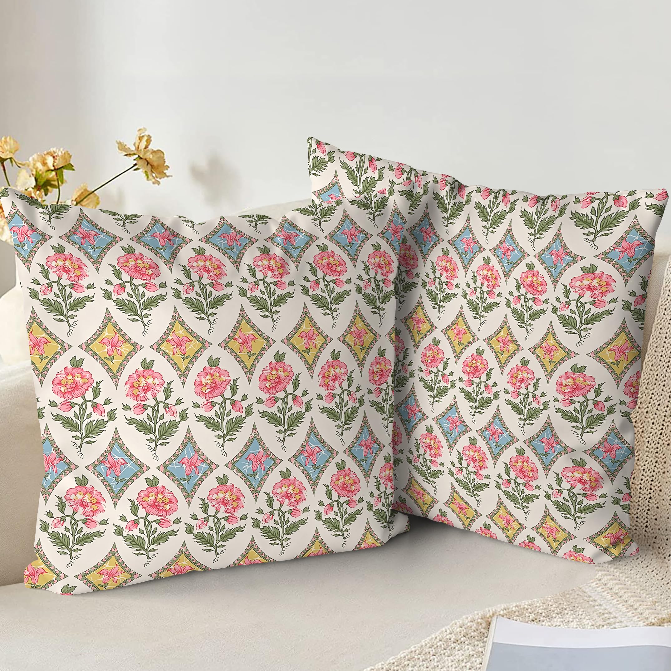 XPHZZL Cushion Covers Set of 2 Pack 65 x 65 cm Soft Vintage Floral Decorative Throw Pillow Cases Boho Pillow Cover for Sofa Bed Garden Outdoor Decor Flower Plant with Invisible Zipper 26 x 26 Inch
