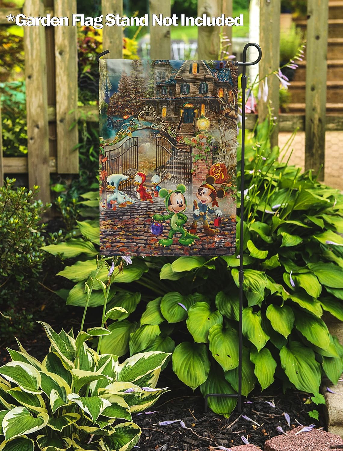 Flagology, Thomas Kinkade Disney, Haunted House Halloween Fun – Garden Flag 12" x 18", Outdoor Flag, Exclusive Premium Fabric, Licensed Thomas Kinkade Disney, Halloween