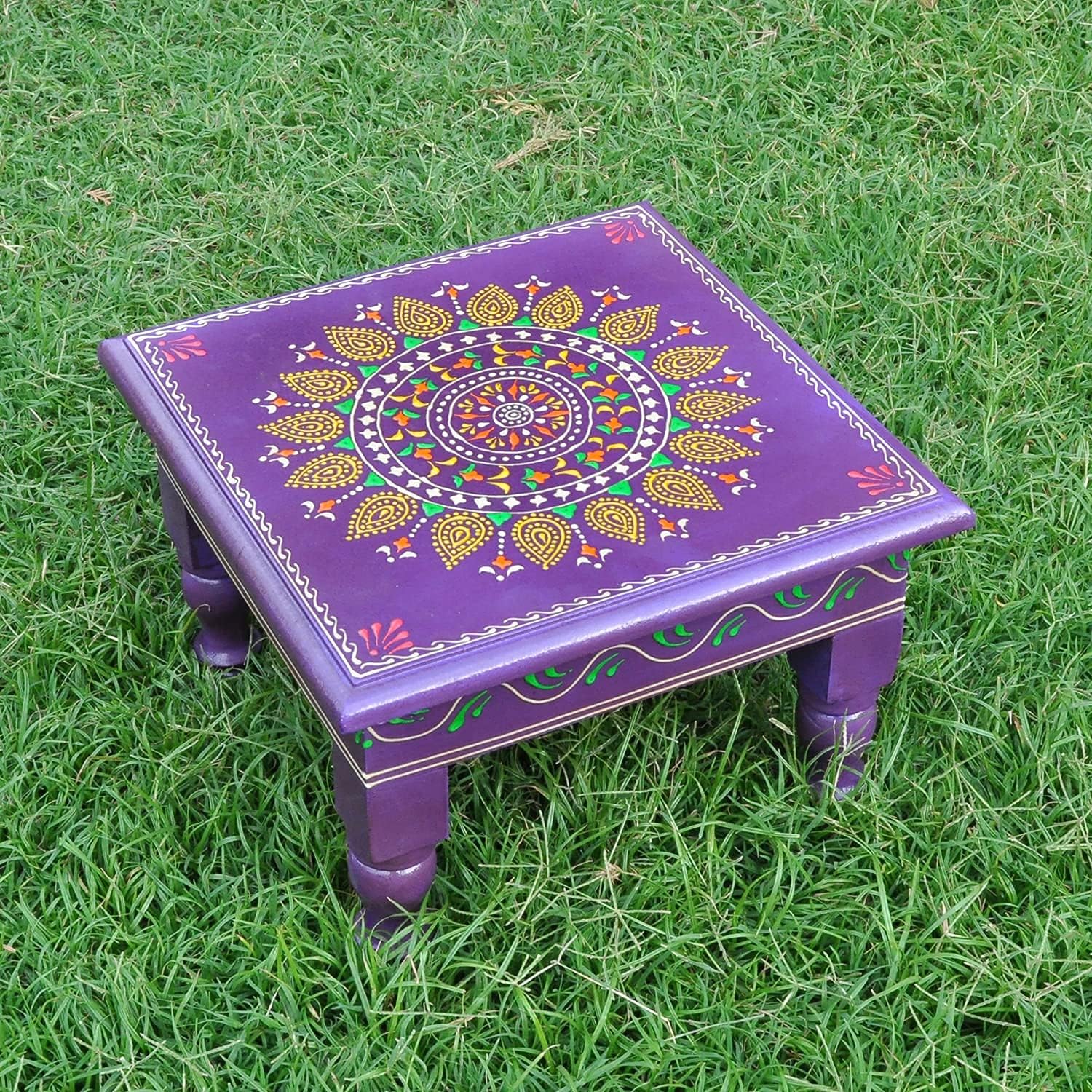 Lalhaveli Hand Painted Indian Chowki Altar Meditation Stool Low High Stool Wooden Chowki for Living Room Purple (9 x 9 x 6 Inch)