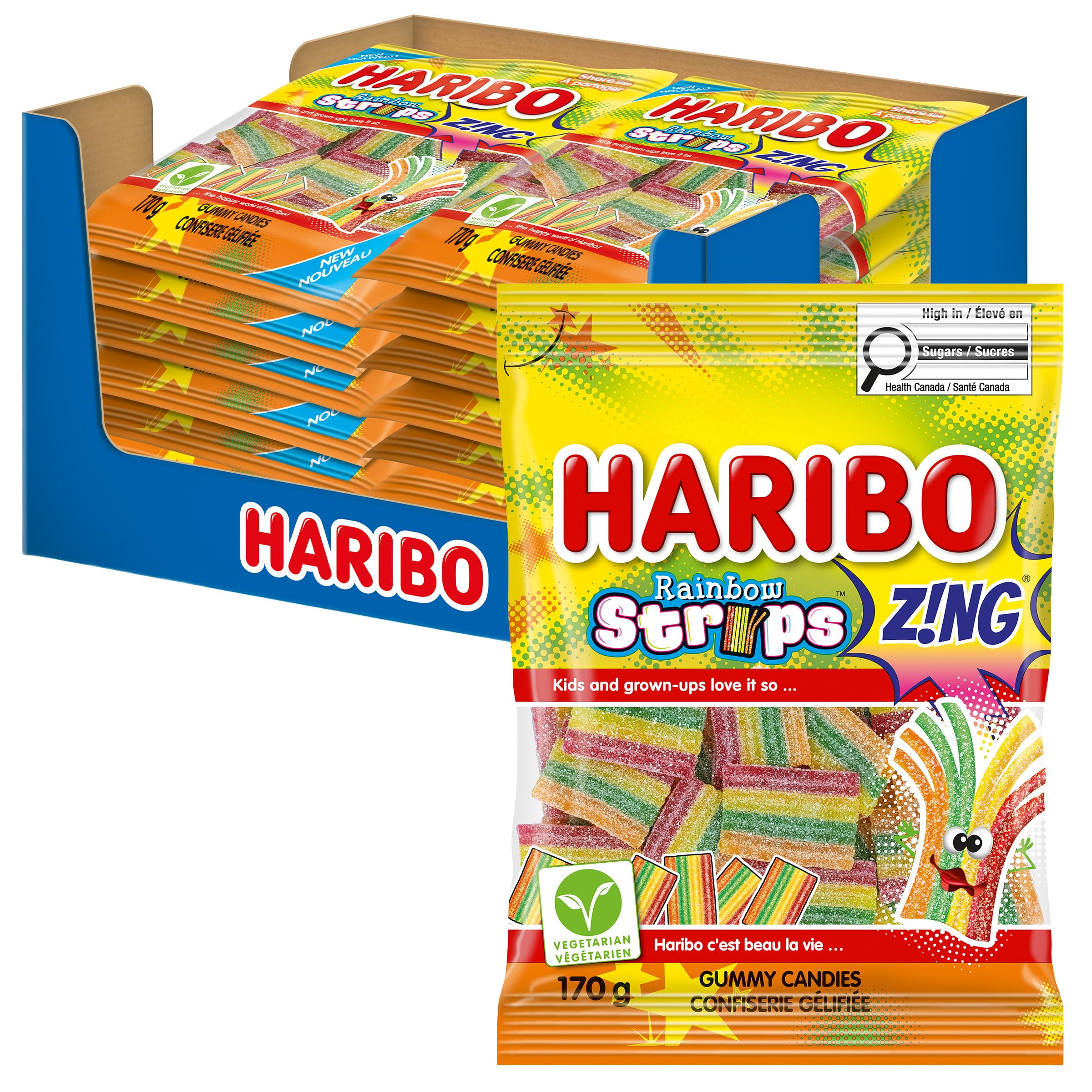 Haribo Z!NG Rainbow Strips Candy, 4 Sour Fruity Flavours, No