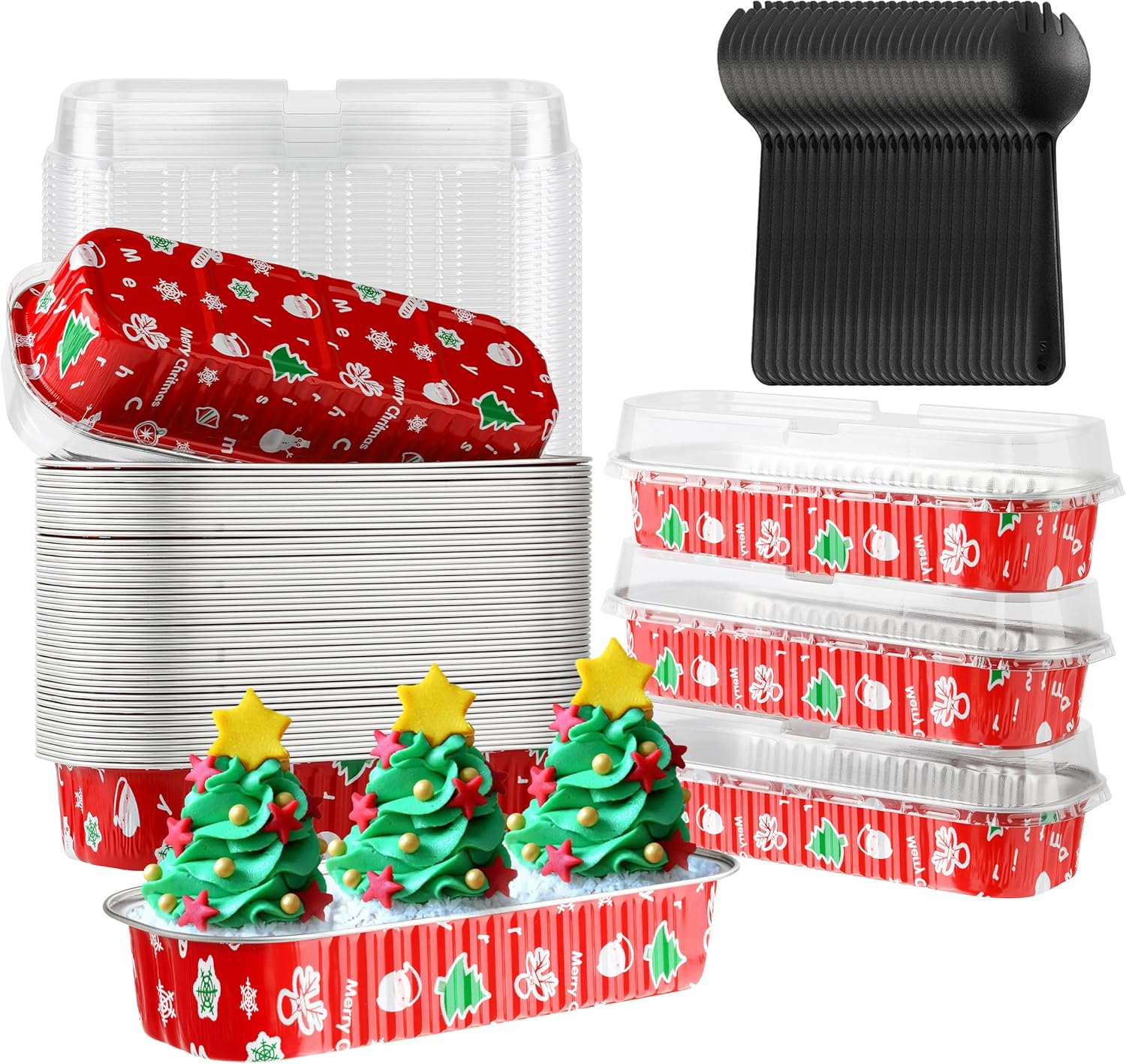 cupcake liners with lids,bakingpak 50pcs 6.8oz disposable mini cake pans disposable aluminum foil baking cups with lids aluminum loaf pans for brithday,red christmas 50 002#red christmas