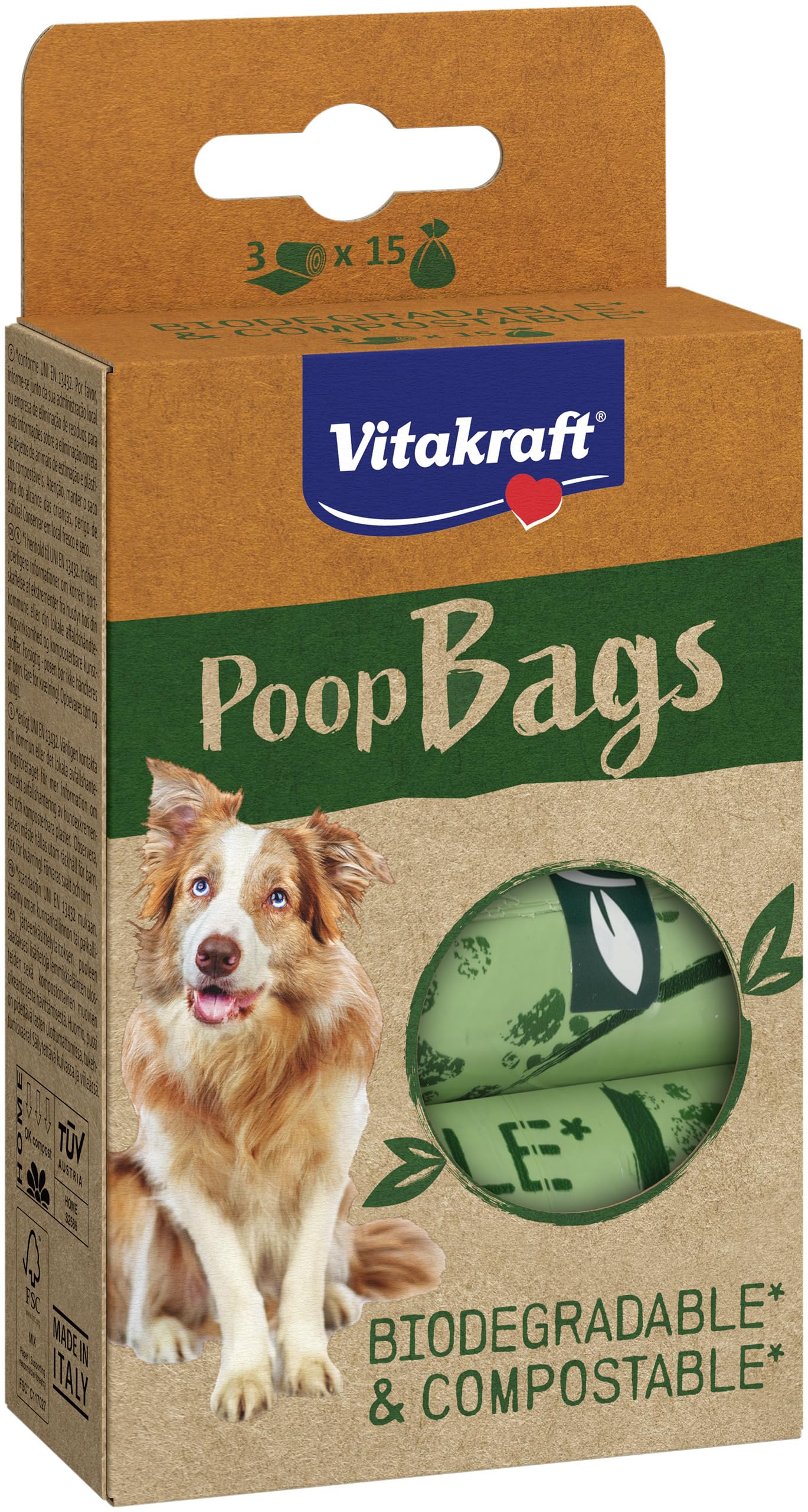 Vitakraft Poop Bags, sacchetti per escrementi di cani, biodegradabili, antistrappo, 1 confezione (3 X 15 sacchetti)