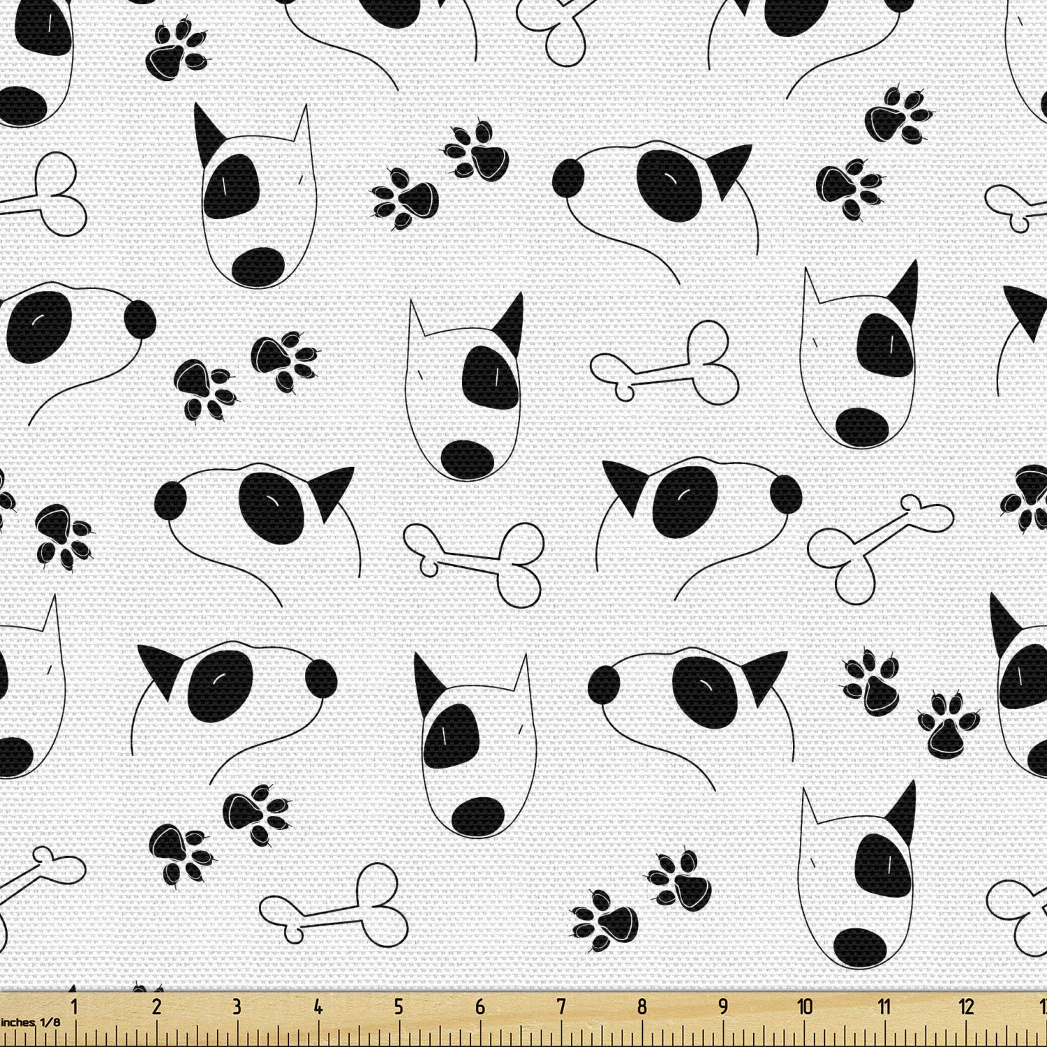 Lunarable Dog Fabric by The Yard, Hand-Drawn Sketch Bull Terrier with Closed Eyes Portrait Dog Bones and Paw Print, Decorative Fabric for Upholstery and Home Accents, 1 Yard, Black White