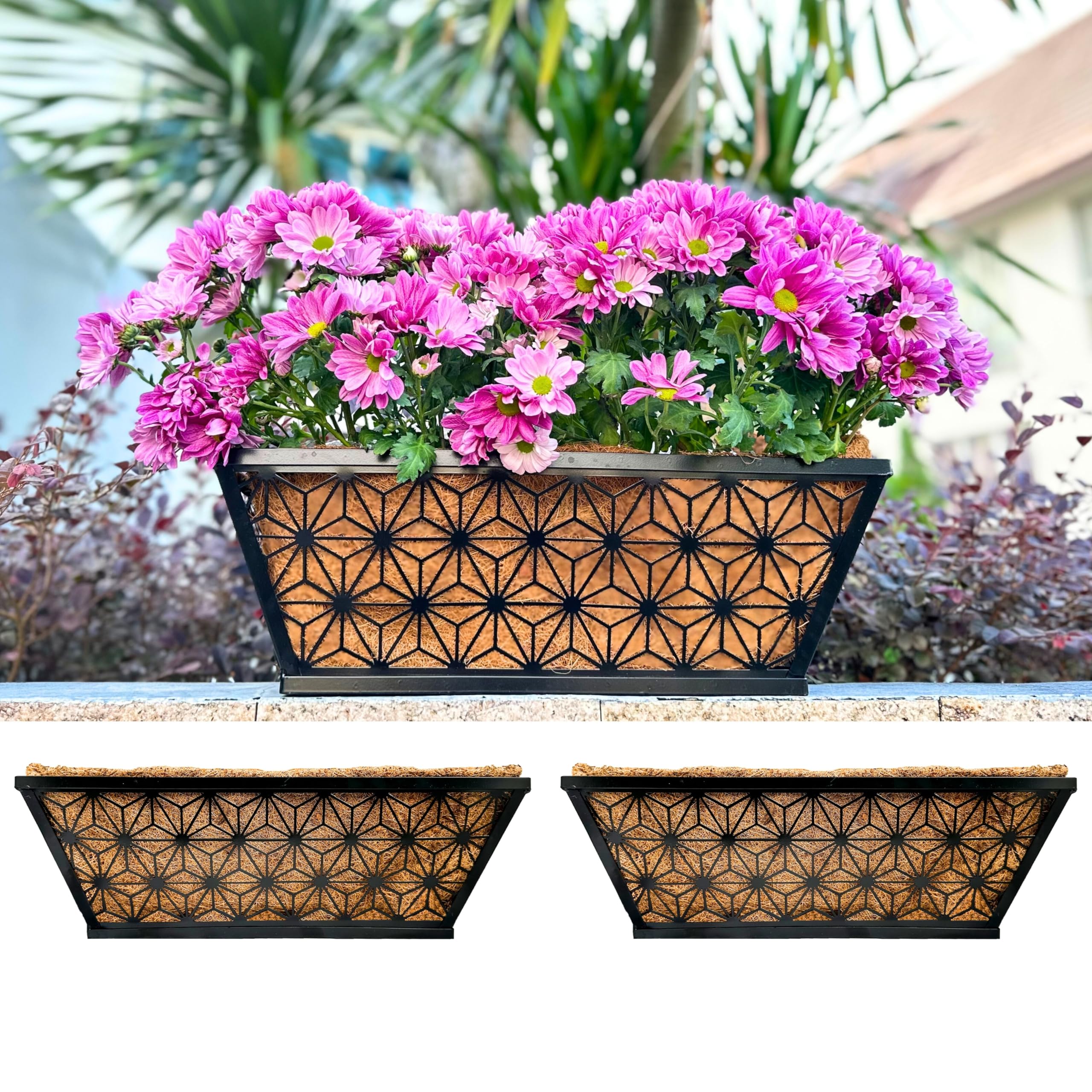 Maxona Wall Planter, 2 Pack, 16 Inch Railing Window Box Deck Balcony Rail Planter with Coconut Coir, Black Metal Garden Plant Basket Patio Fence Window Horse Trough Porch