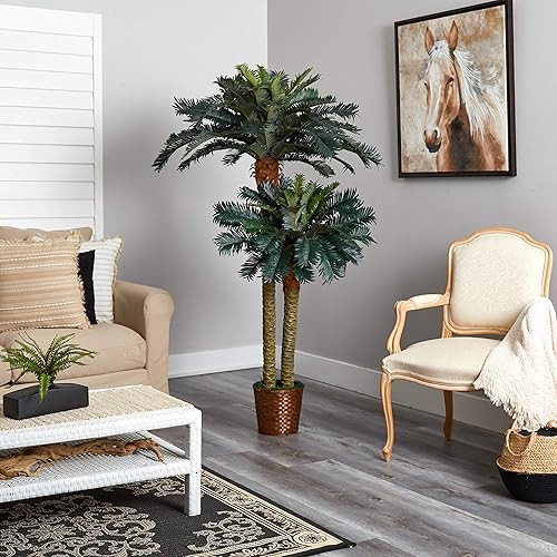Miniatura 2 de Nearly Natural Palmeras artificiales de sagú de 6 y 4 pies, palmeras artificiales en maceta doble con dos troncos realistas y 80 hojas de palma