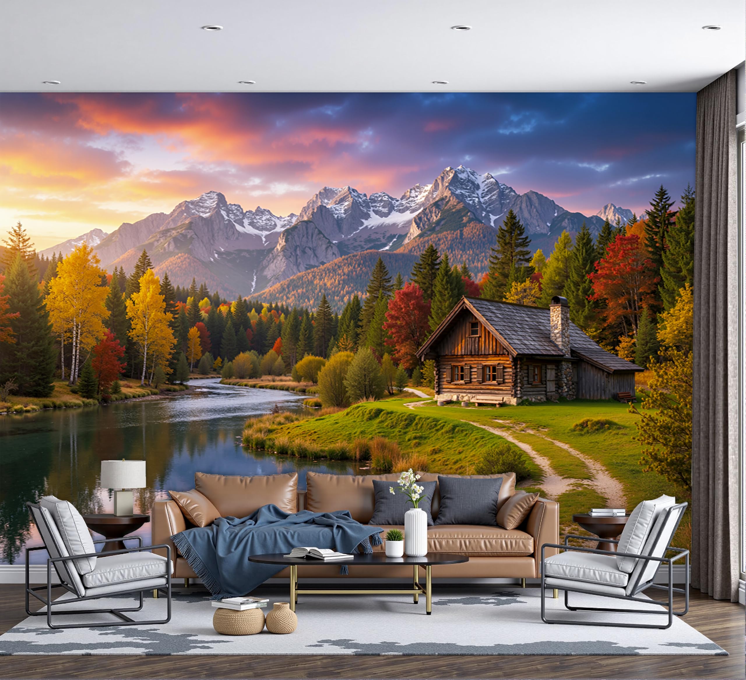 Papier peint soie panoramique pour agrandir le salon avec un paysage vert