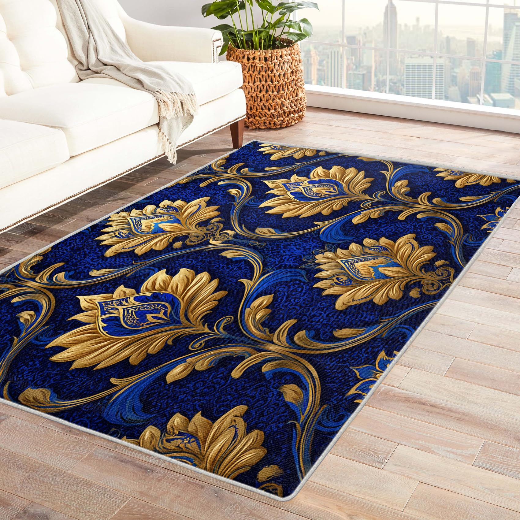 Tapis bleu victorien de prestige au motif damassé baroque doux 180 x 240 cm