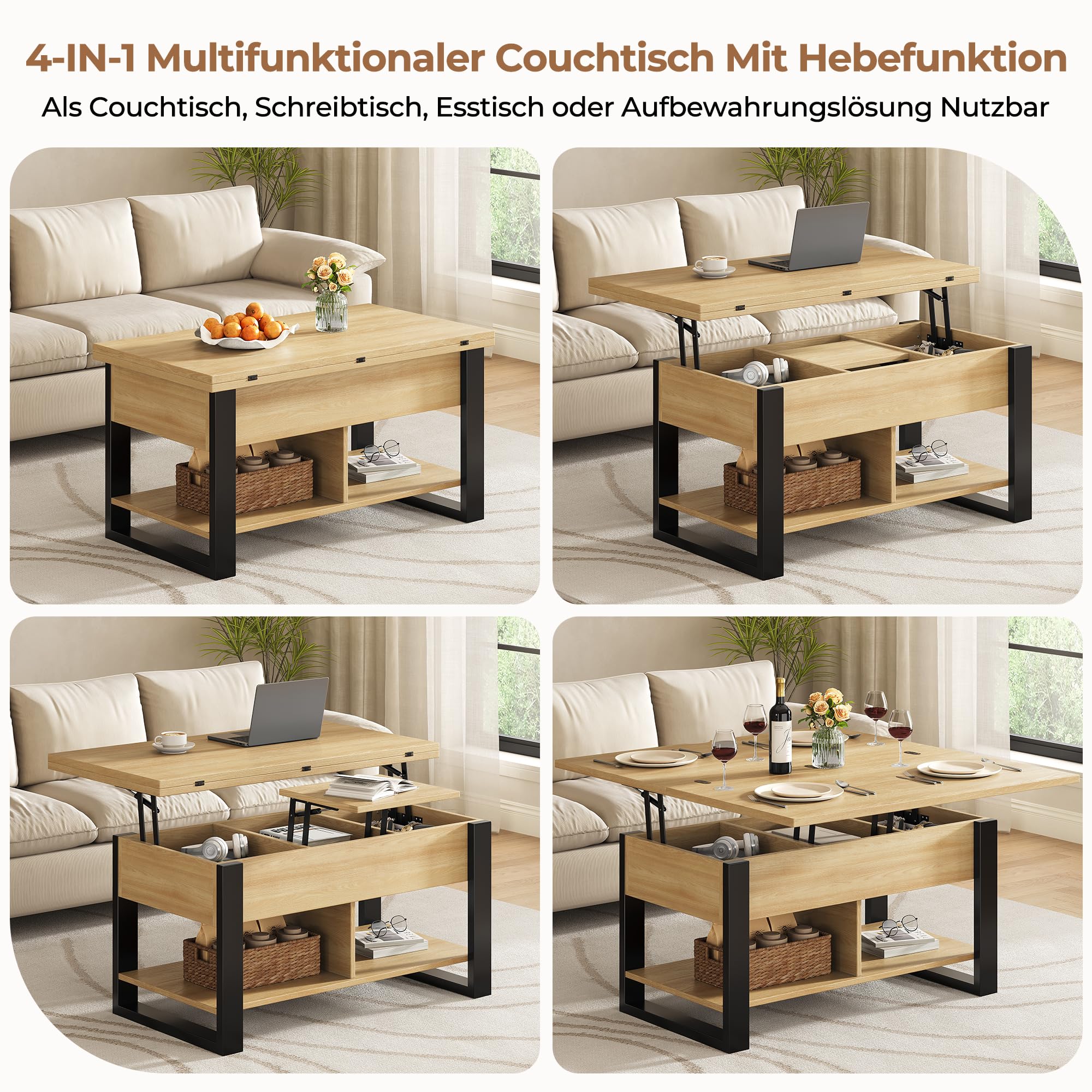 Couchtisch Höhenverstellbar und Ausziehbar, 4-in-1 Wohnzimmertisch Höhenverstellbar Holz, Rechteckiger Couchtisch Aufklappbar mit Stauraum, Wandelbar zum Esstisch, Eiche Natur