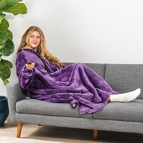 Miniatura 5 de PAVILIA Manta con capucha para mujer, manta Sherpa para hombre, acogedora manta de gran tamaño, sudadera con capucha, Púrpura