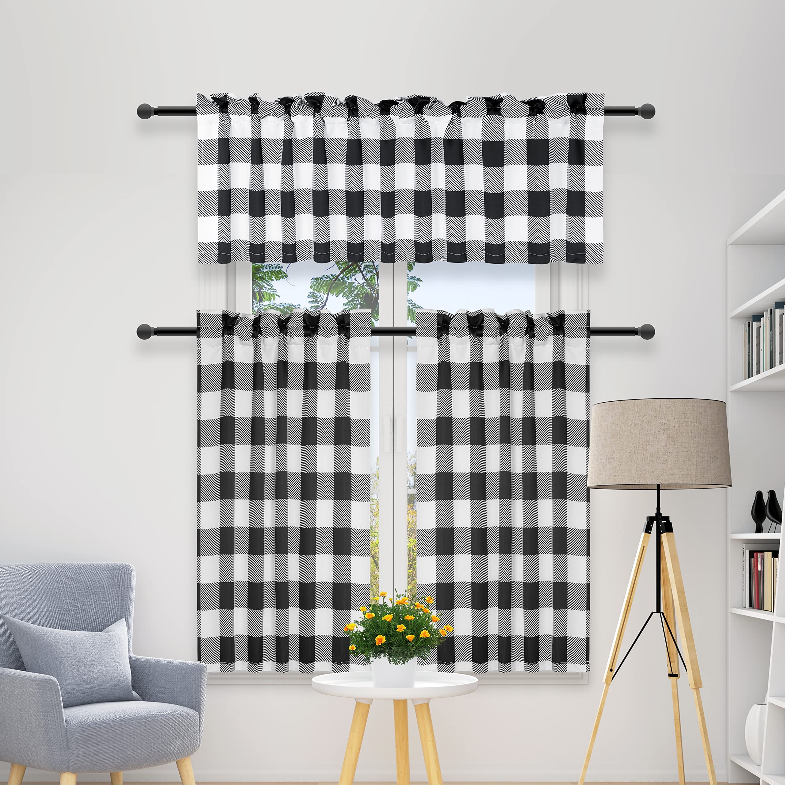 Simple Deluxe 3 Pcs Kitchen Curtains Buffalo Plaid Curtains for Windows Curtains Valance and Tier Set of 3, 52" W x 15" L&26" W x 30" L, Black and White