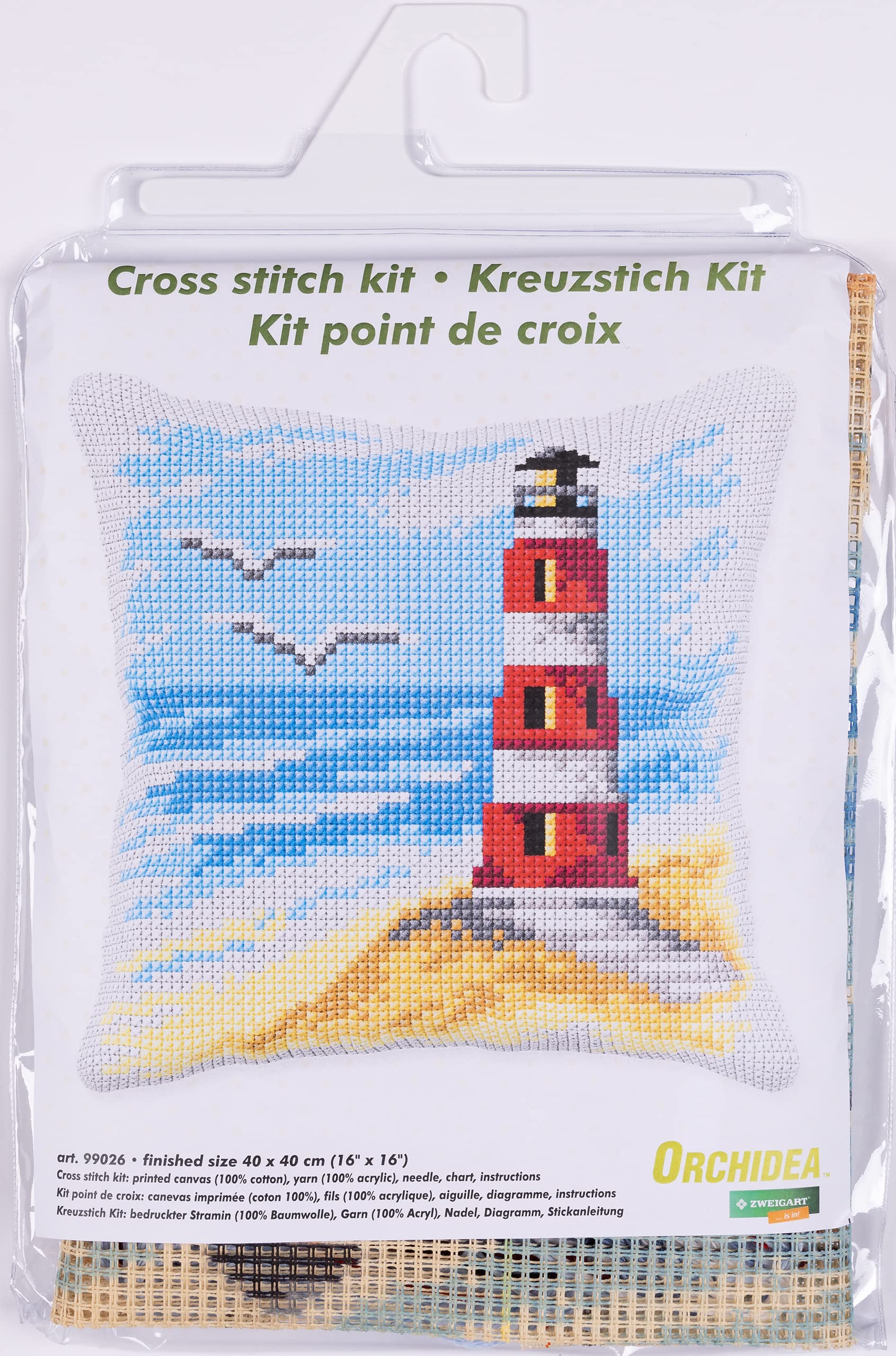 Kit De Coussin à Broder Au Point De Croix Orchidea - Motif Phare - Toile Imprimée 4,5 Points - Taille Finie 40x40 Cm
