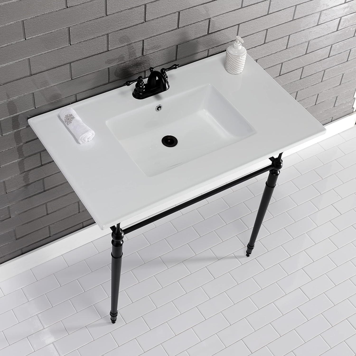 Kingston Brass KVPB37227W4MB Edwardian 37-Inch Console Sink with Brass Legs (4-Inch, 3 Hole), White/Matte Black