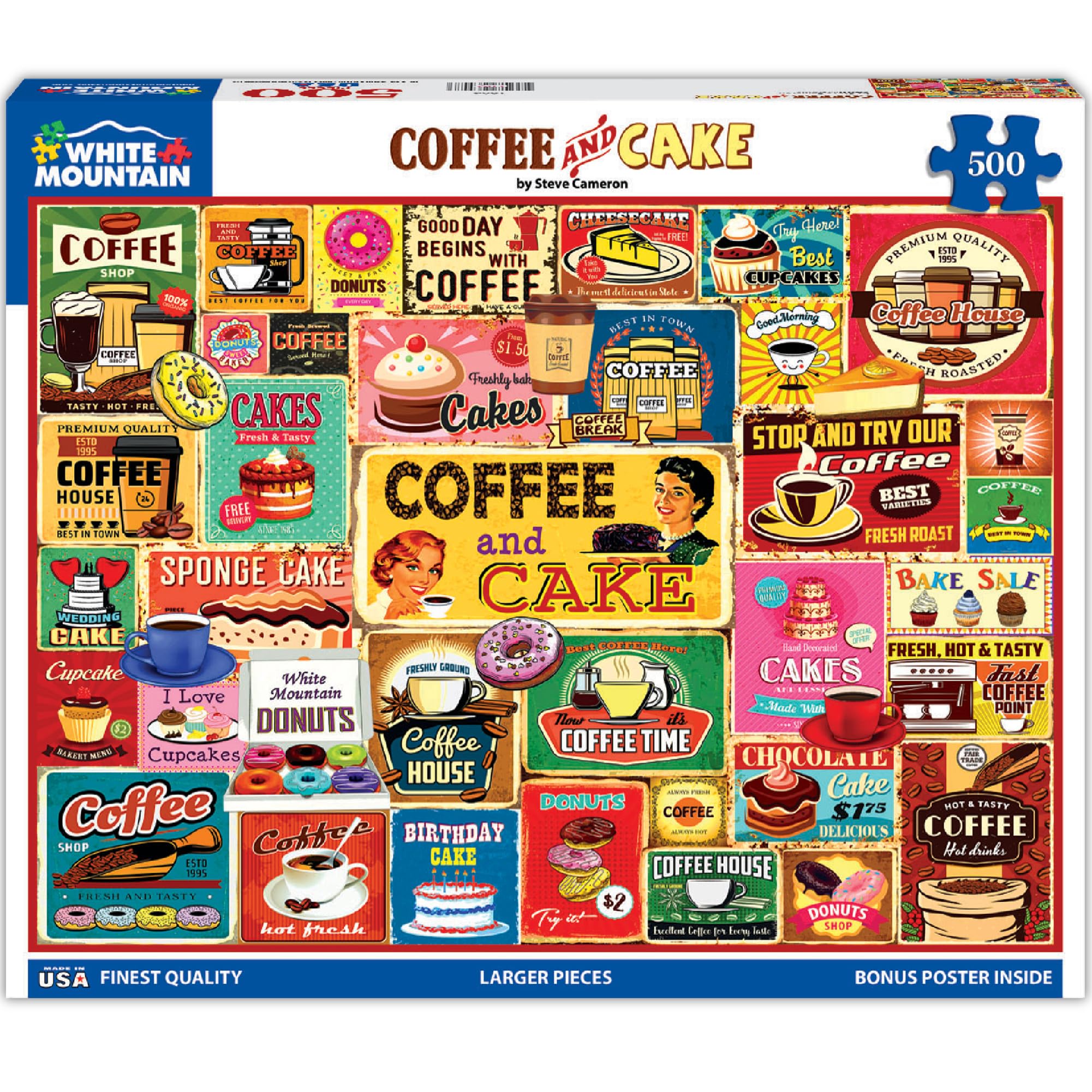 White Mountain 500 Piece Jigsaw Puzzle Funny Collage Food Puzzles with Large Pieces Gift for Adults 18"x24" - Coffee & Cake