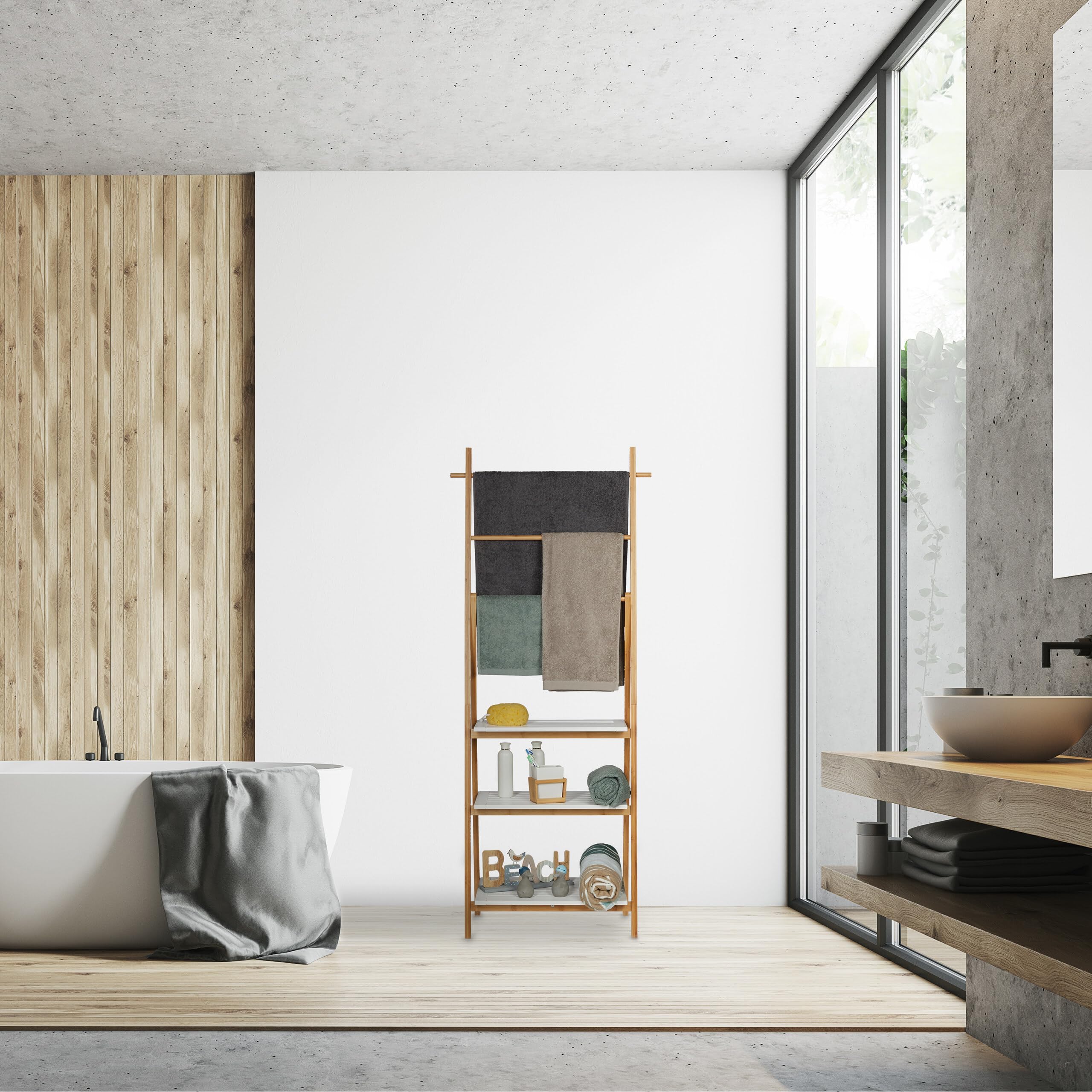 Relaxdays Toallero Baño con Estantería, Bambú-DM, Marrón-Blanco, 150x50x30cm