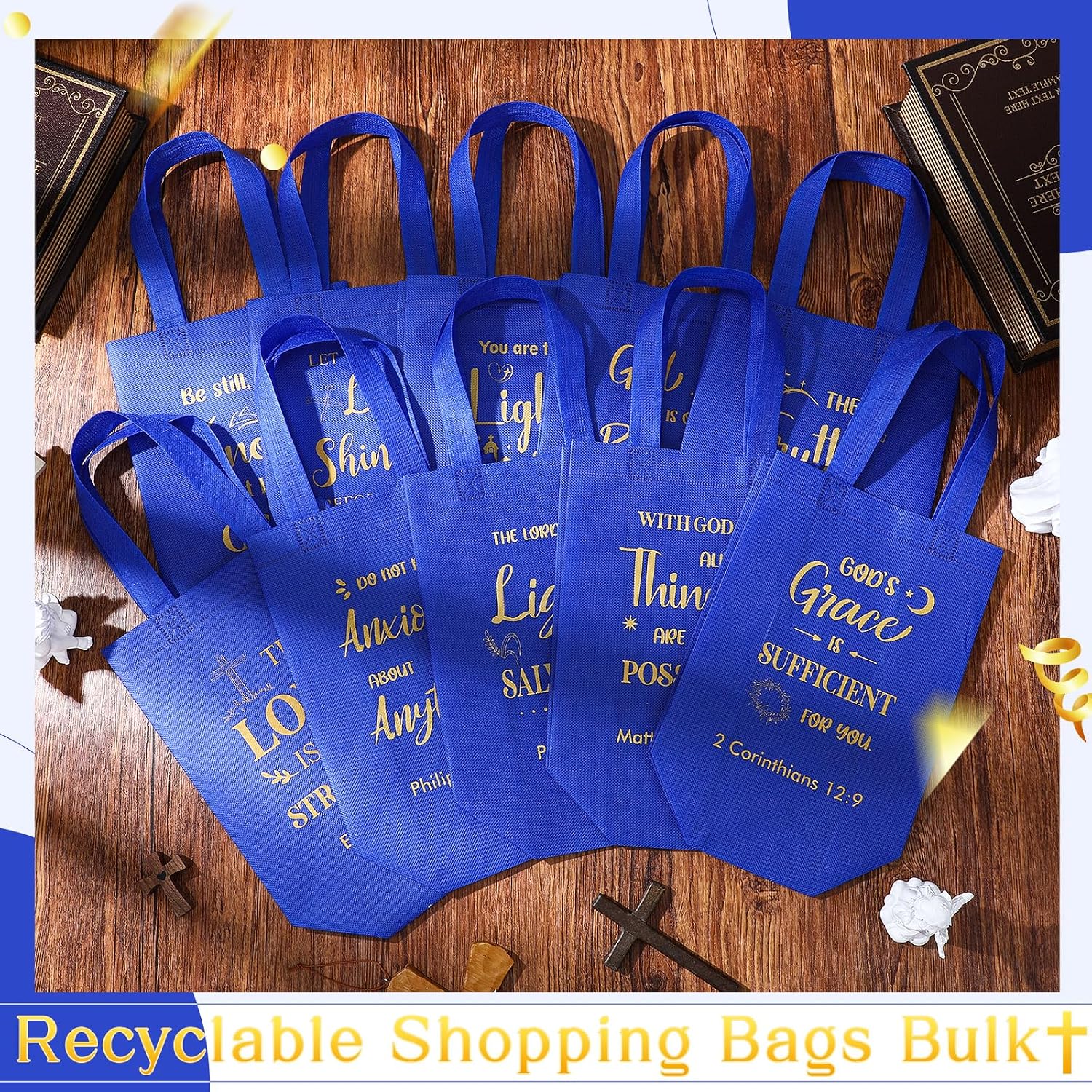 Windyun 100 Pcs Christian Gift Bag Bulk 8" x 4" x 10" Reusable Bible Verse Tote with Handle Religious Scripture Blessing Bags for Church Pastor Welcome Visitors Sunday School Party Favors (Royal Blue)