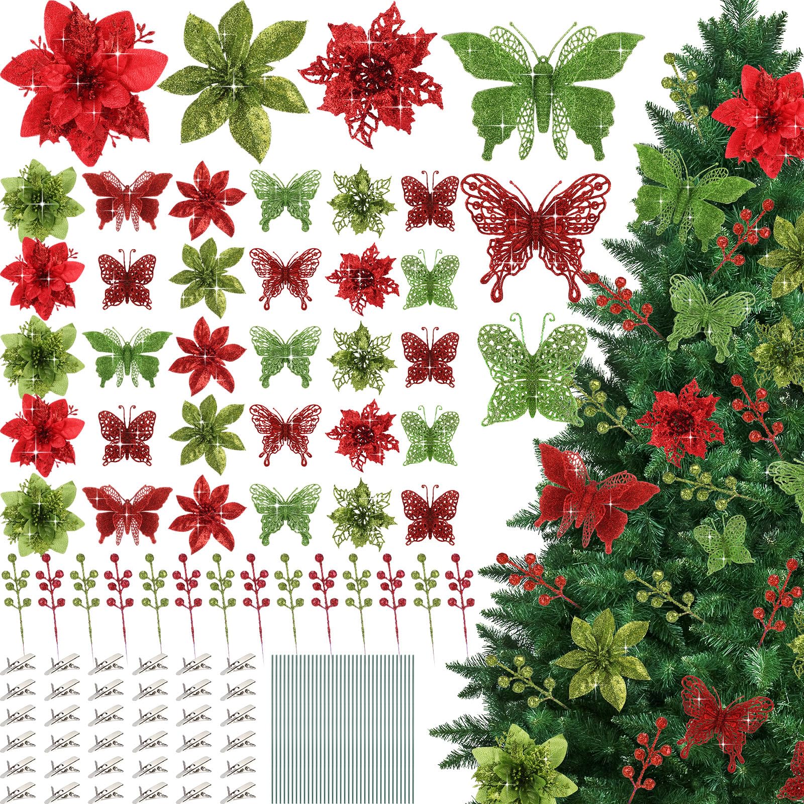Poinsettia artificiel à paillettes de Noël rouge et vert pour décorer le sapin