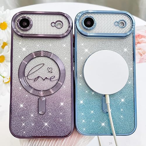 Vista 380 de Fiyart - Funda transparente magnética con purpurina para iPhone 12 para mujeres, con grabado "Love" metálico, protección para cámara y antigolpes