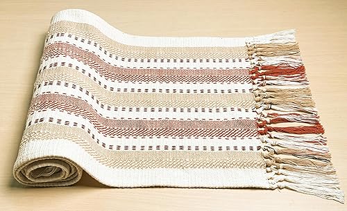 Miniatura 4 de CHARDIN HOME Camino de mesa de algodón reciclado marfil, beige y óxido, caminos de mesa tejidos a mano con flecos anudados, 14 x 72 pulgadas, ideal