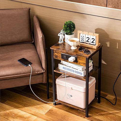 Miniatura 2 de Mesa auxiliar LED con estación de carga, mesa auxiliar pequeña para sala de estar, mesita de noche con puertos USB y tomacorrientes, mesita de noche