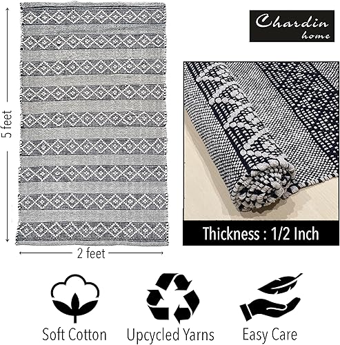 Miniatura 2 de Chardin home Alfombra bohemia negra y marfil de 2 x 5 pies  Alfombra de granja tejida a mano  Ideal para cocina, entrada, baño, meditación, lavable