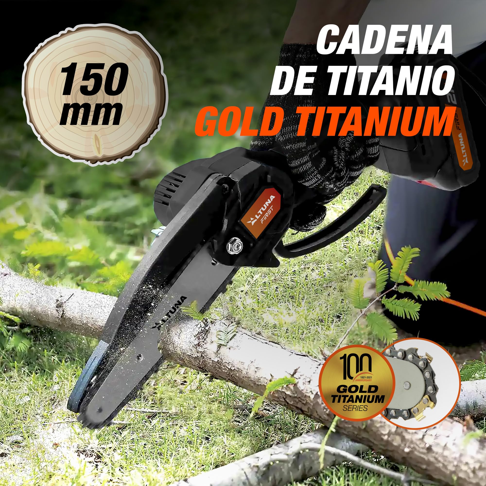 Altuna Kit de Poda a Batería de Titanio - Motosierra a Batería + Tijeras de Podar Eléctricas + Pértiga Telescópica - Incluye 2 Baterías - Pértiga de 1,63m para Poda en Altura - Con Cargador y Gafas