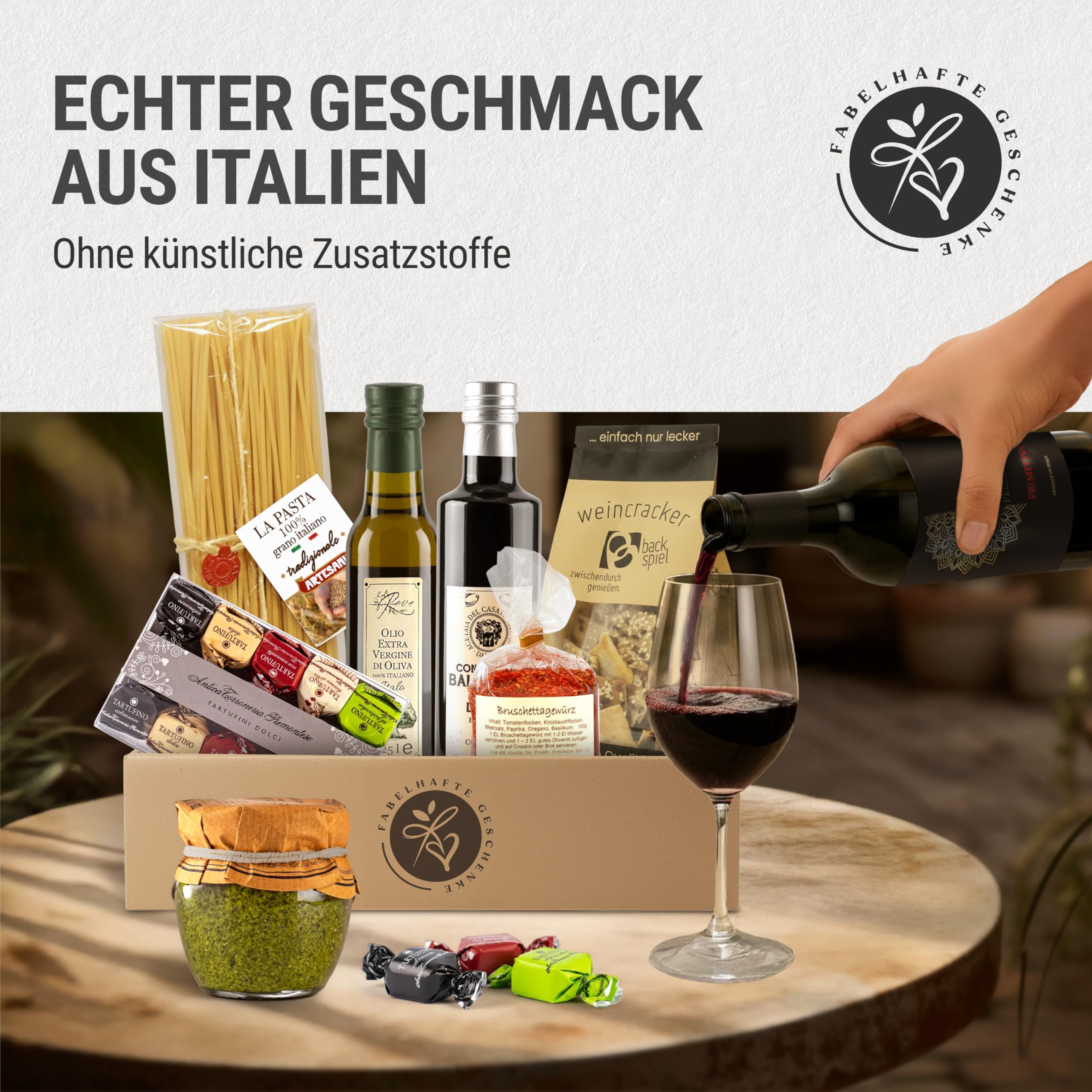 Geschenkkorb Bella Italia mit Rotwein, Olivenöl, Aceto Balsamico, Pasta, Pesto, Tartufini - Wein Geschenk für Männer & Frauen