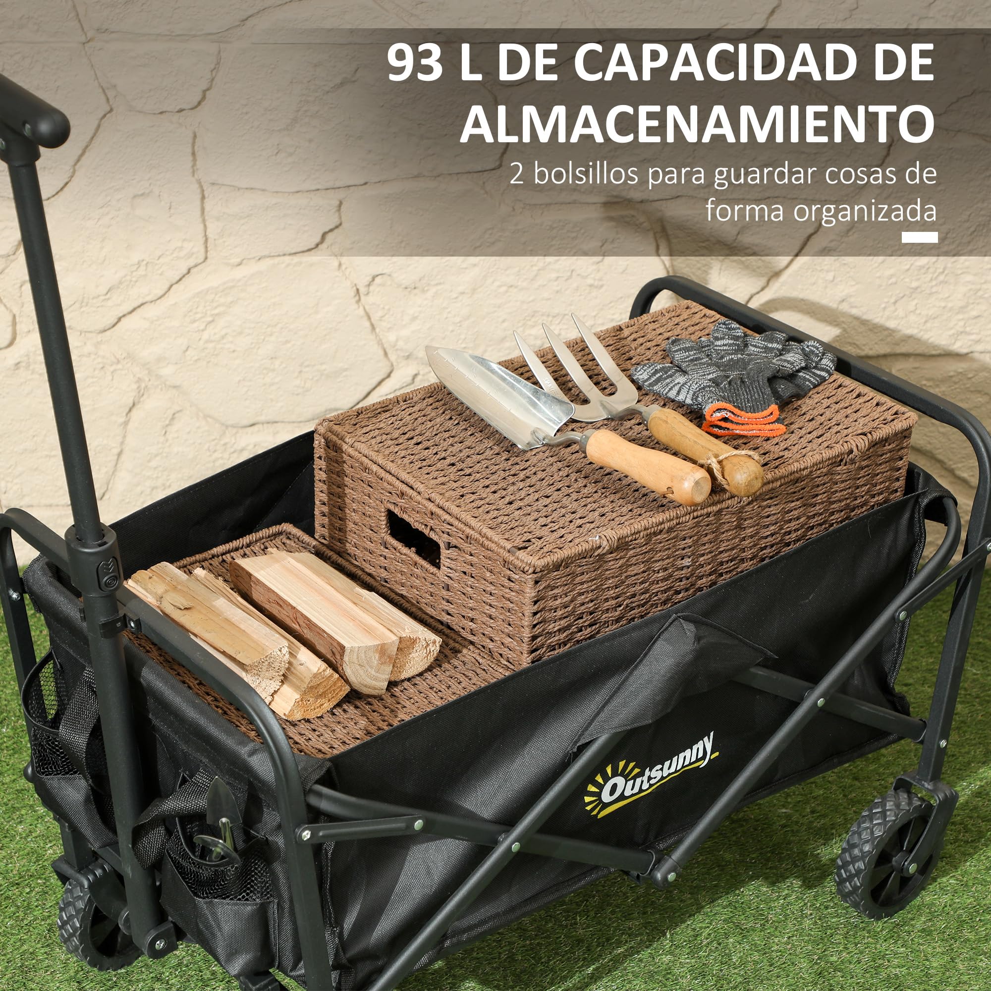 Outsunny Chariot Festival 93L sur Roues 120kg Lourd Jardin Noir | Chariot pliant, wagon pliable, poignée réglable, sac de transport, plage camping festival