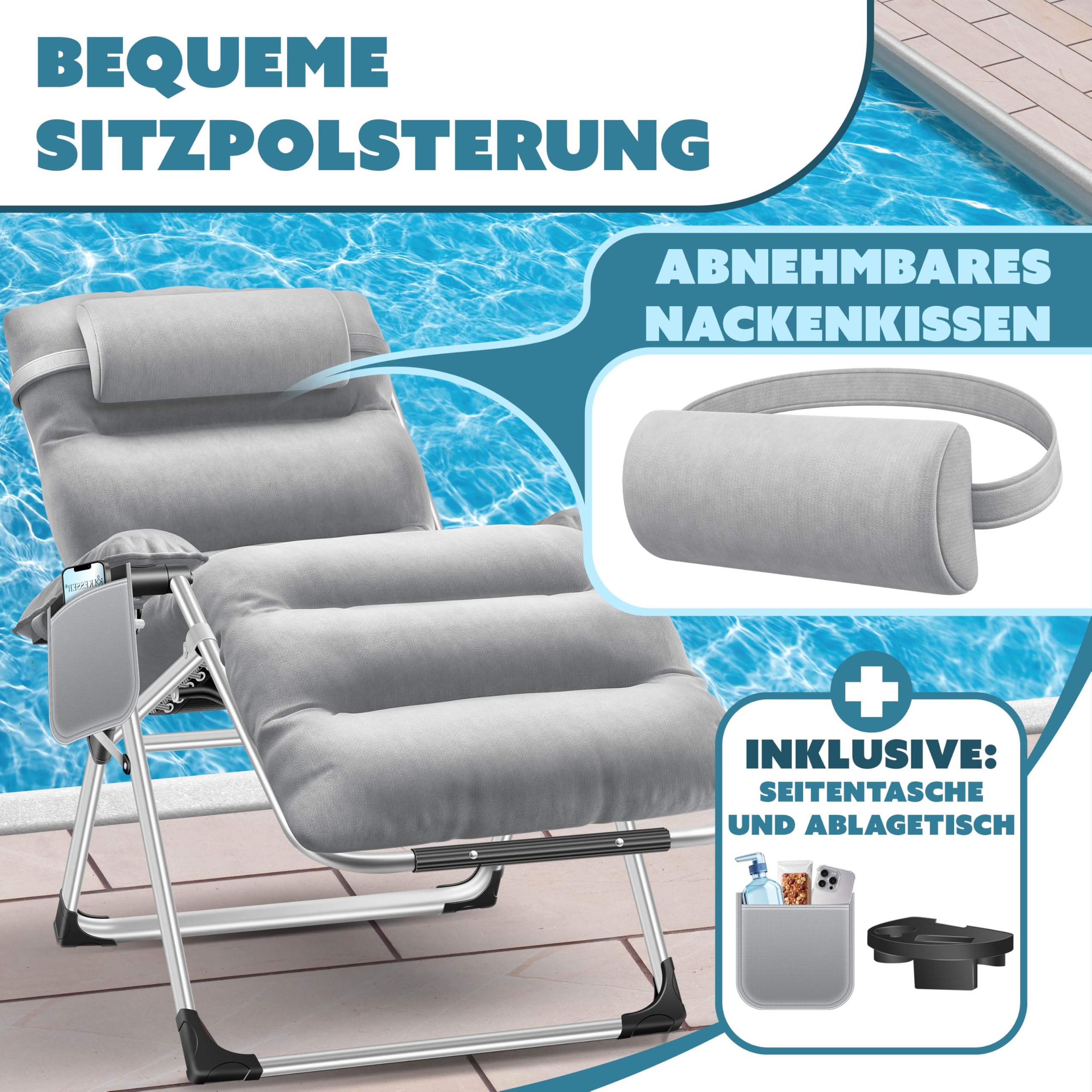 KESSER® Chaise longue pliable XXL, résistante aux intempéries, capacité de charge 200 kg, revêtement ergonomique, dossier réglable, coussin cervical, porte-gobelet et coussin pour bras, Basic - Gris