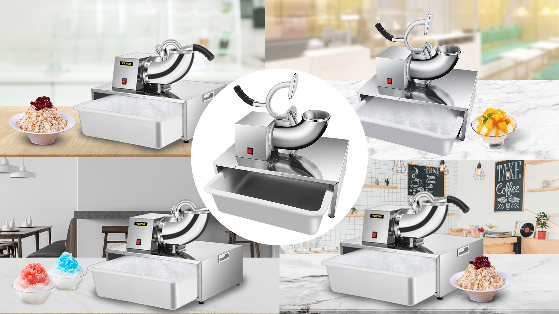 Image of VEVOR Ice Crushers Machine, 661lbs Per Hour Electric Snow Cone Maker with 4 Blades, Stainless Steel Shaved Ice Machine with Cover, 300W Ice Shaver Machine for Margaritas, Home and Commercial Use