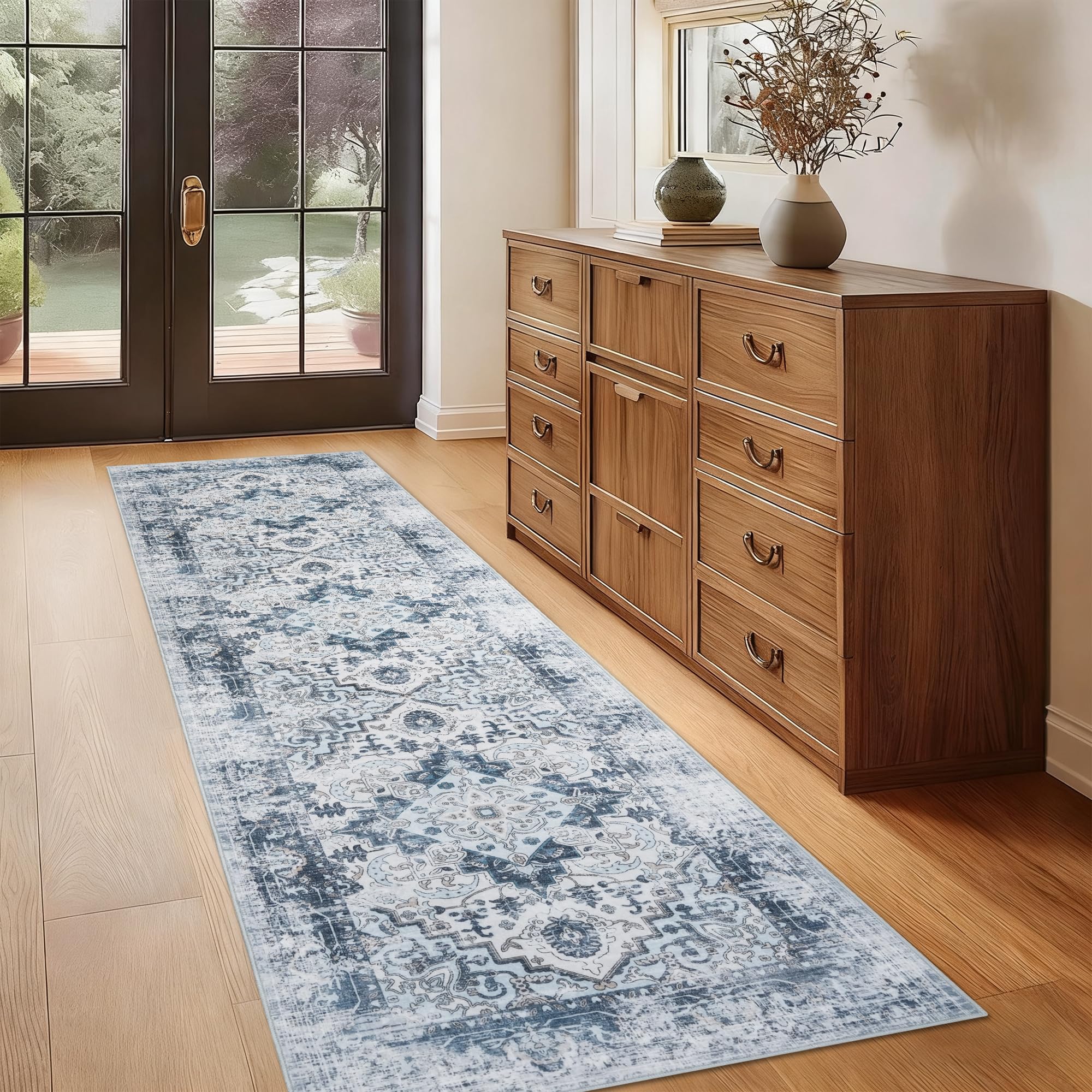 Homcomodar Washable Runner Rugs for Hallway 65X240cm Hallway Runner Rug Non Slip Light Blue Carpet Runners for Hallways Bedroom Doorway Kitchen Laundry Room