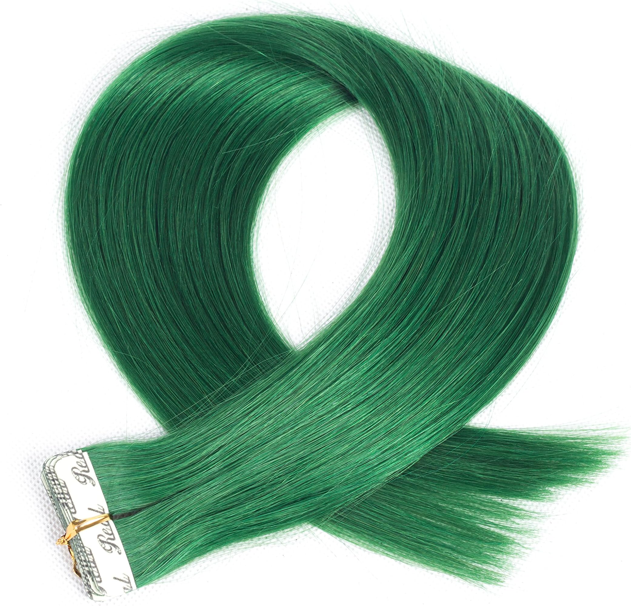 Winky Wiggery 14"-22" 50g/20pcs Tape In Hair Extensions 100% Remy Human Hair Silky Straight Tape Hair Extensions (18"-50g, #Green)
